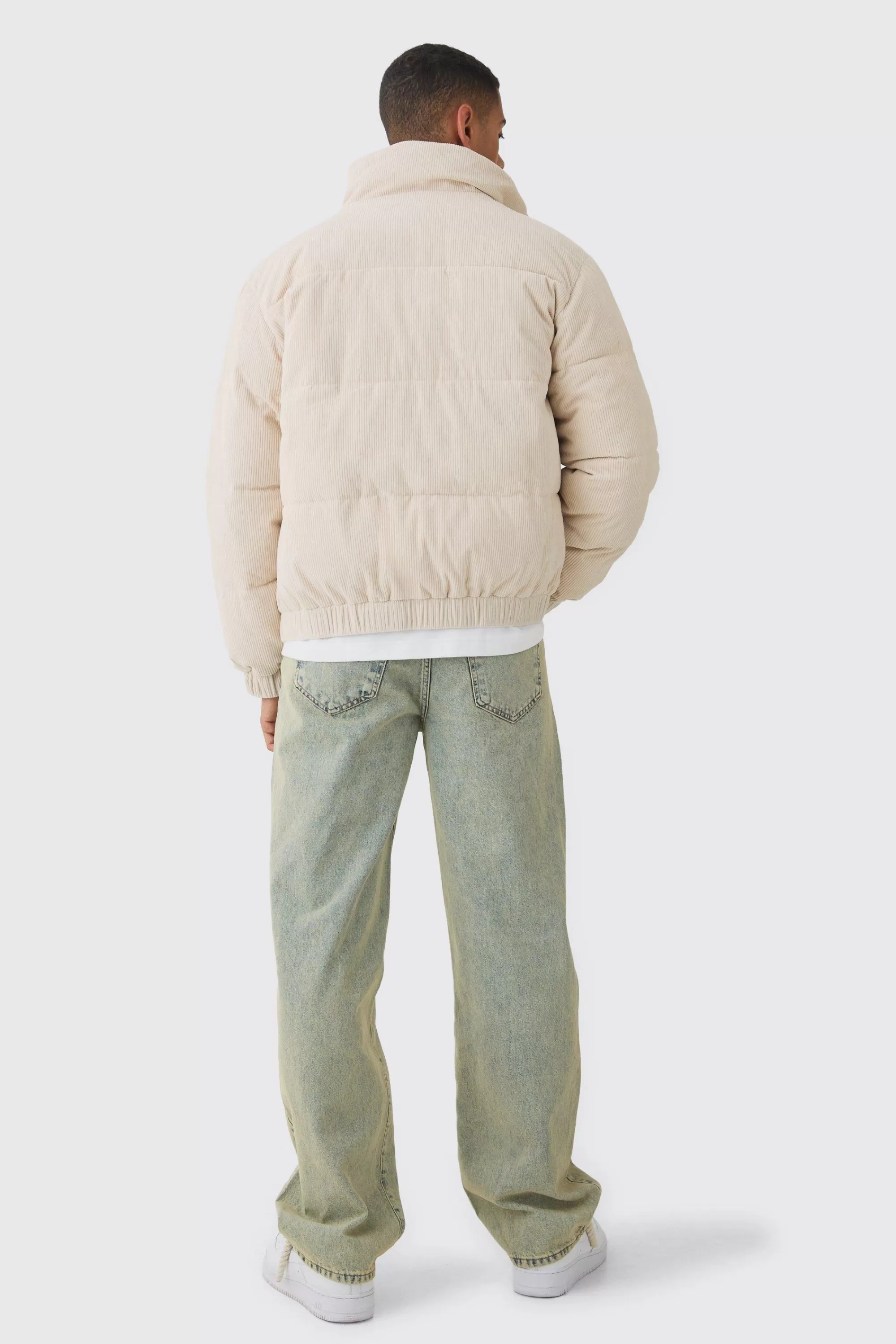 boohooMAN Cord Funnel Neck Puffer Coat In | UK