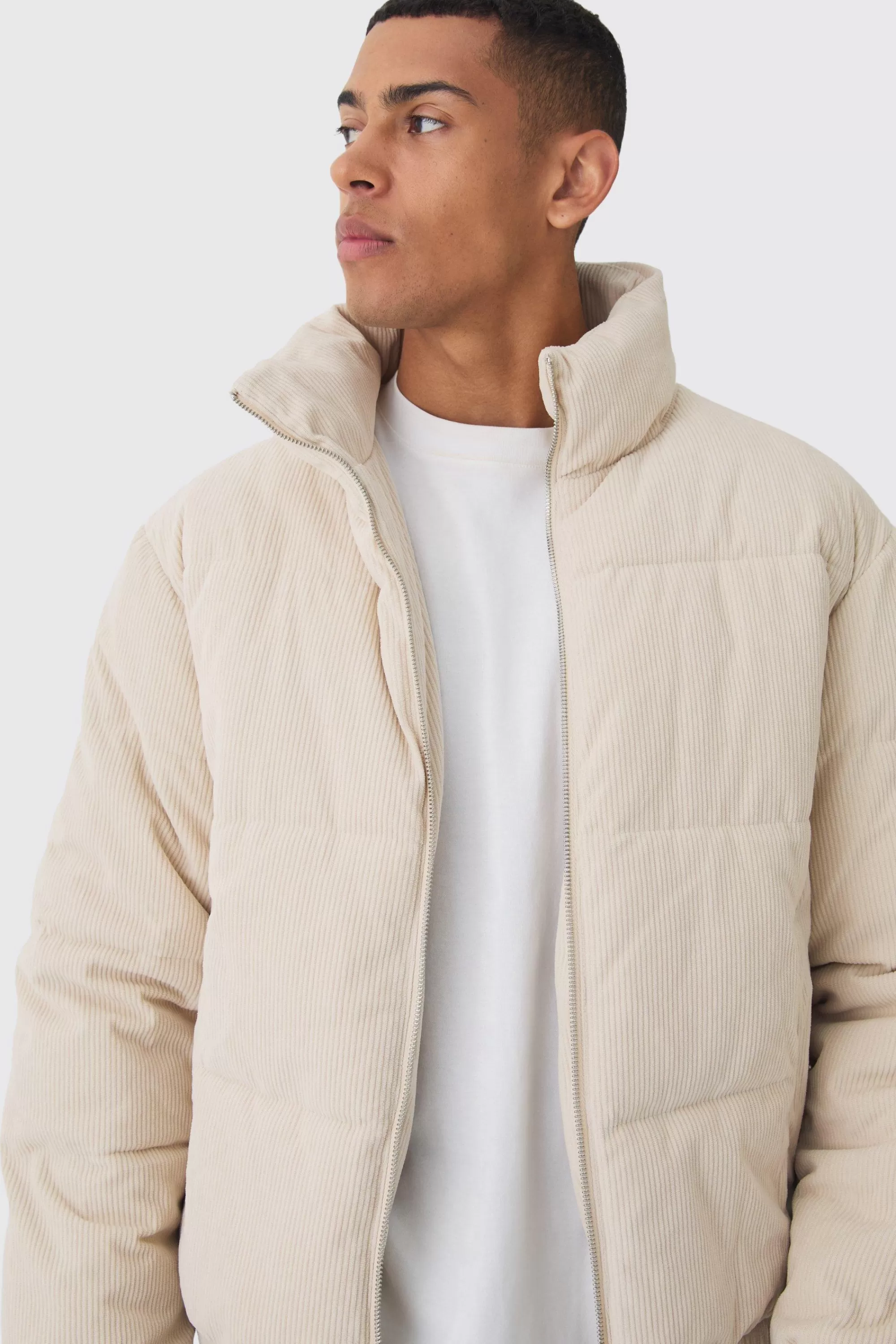 boohooMAN Cord Funnel Neck Puffer Coat In | UK