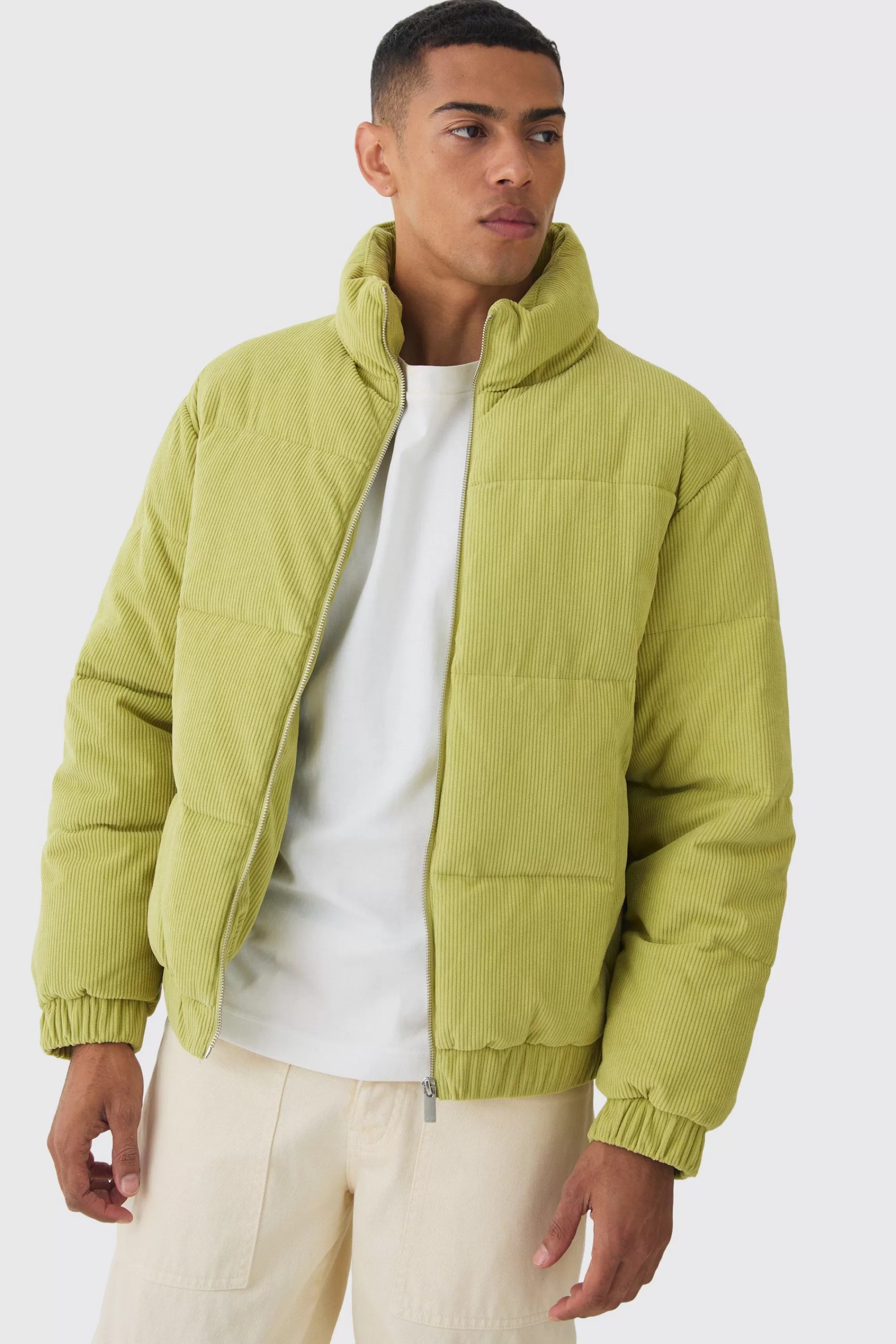 boohooMAN Cord Funnel Neck Puffer Coat In | UK