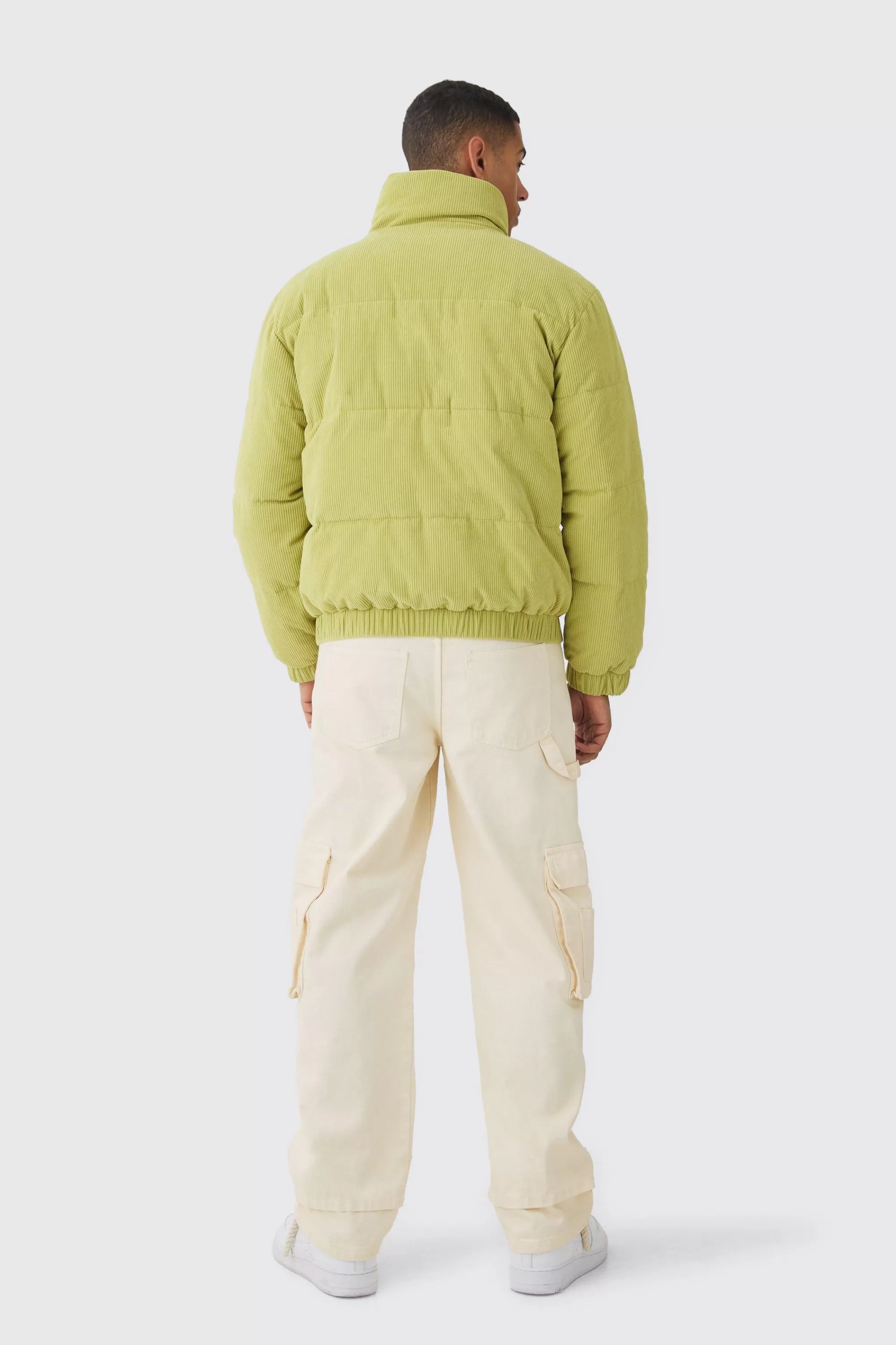 boohooMAN Cord Funnel Neck Puffer Coat In | UK