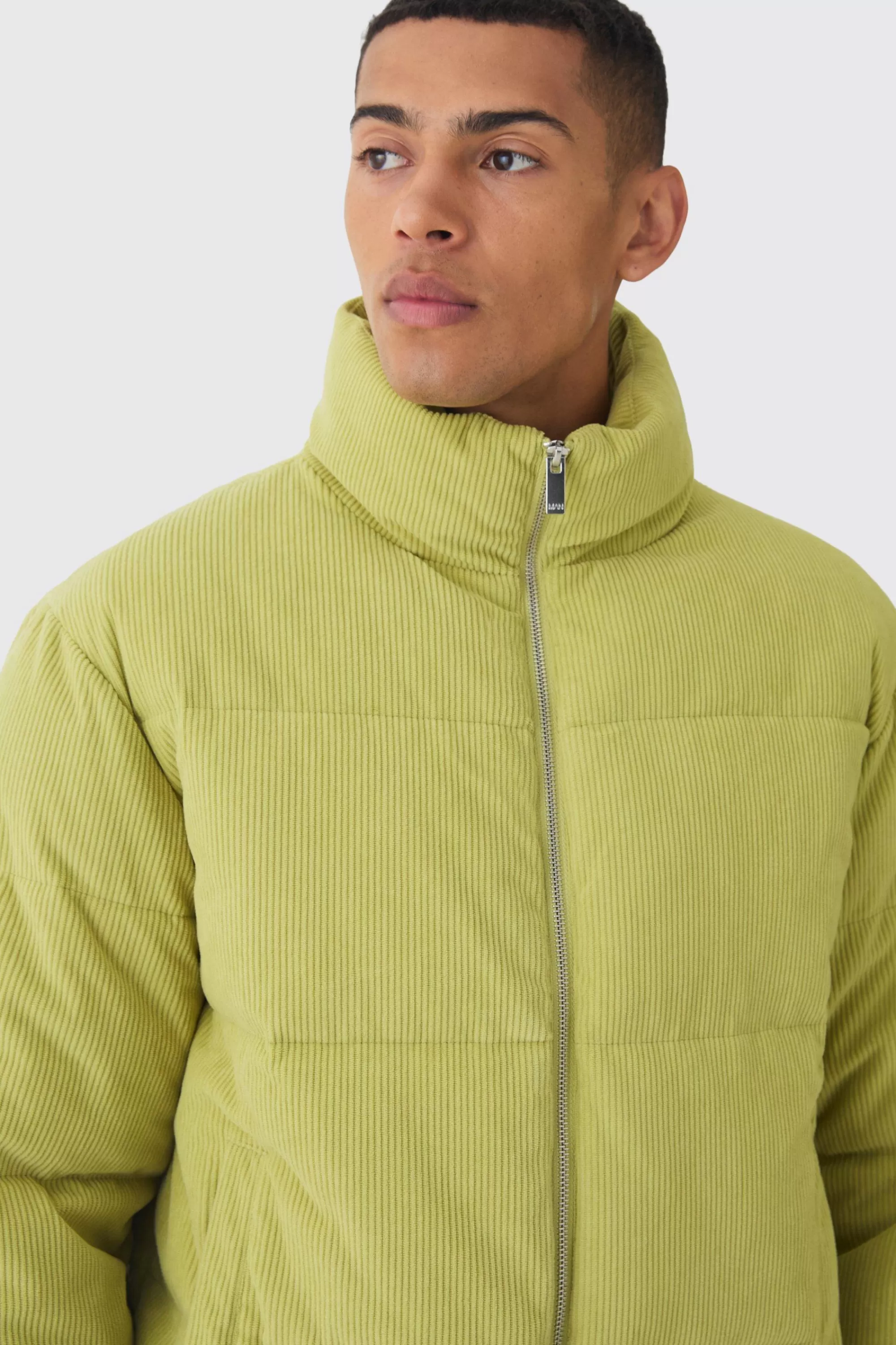 boohooMAN Cord Funnel Neck Puffer Coat In | UK