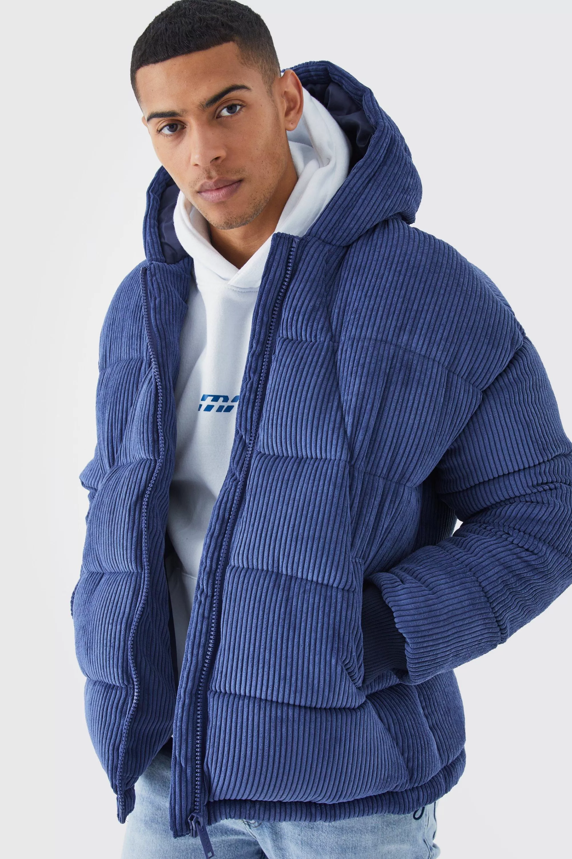 boohooMAN Cord Panelled Hooded Puffer | UK
