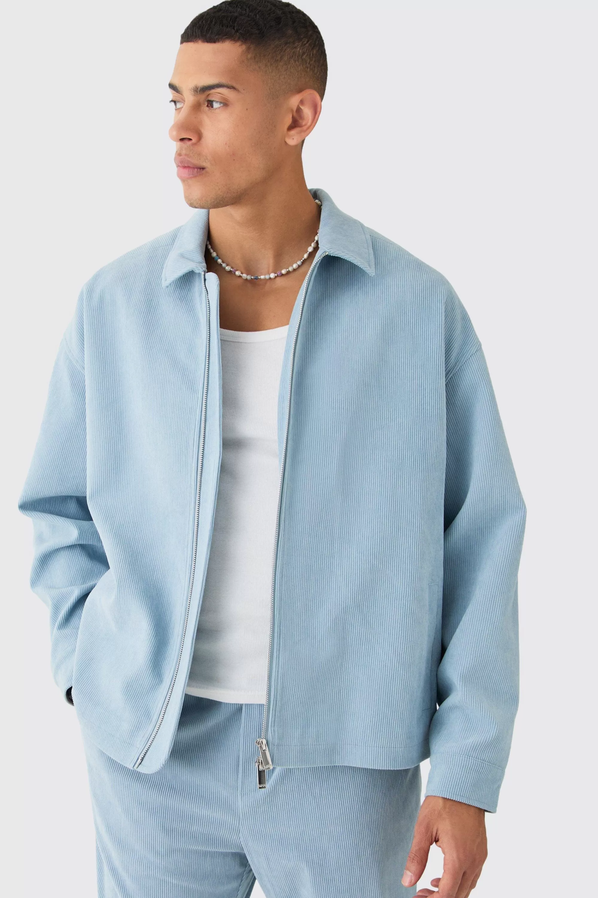 boohooMAN Corduroy Boxy Fit Zip Up Harrington Jacket | UK