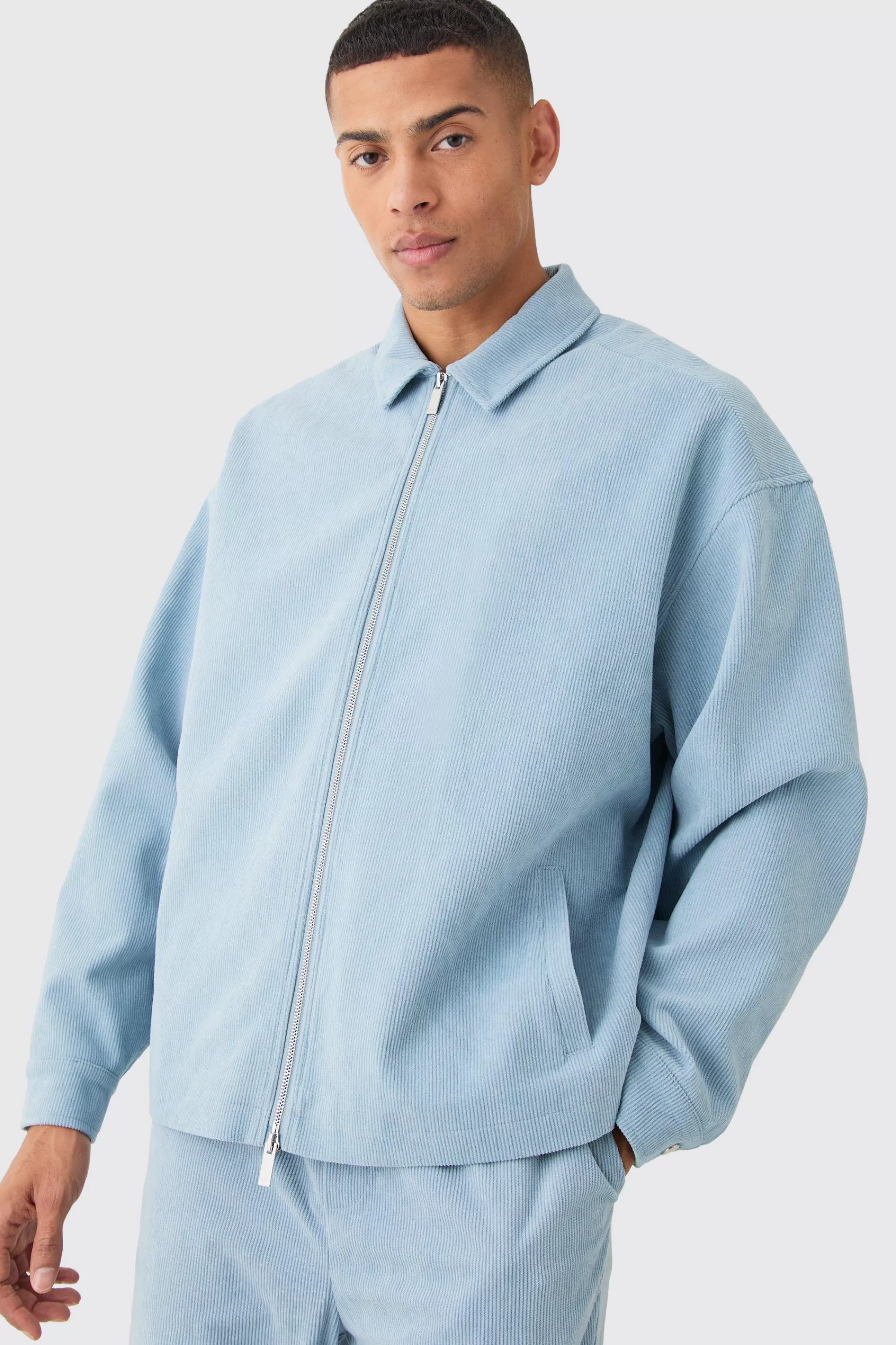 boohooMAN Corduroy Boxy Fit Zip Up Harrington Jacket | UK