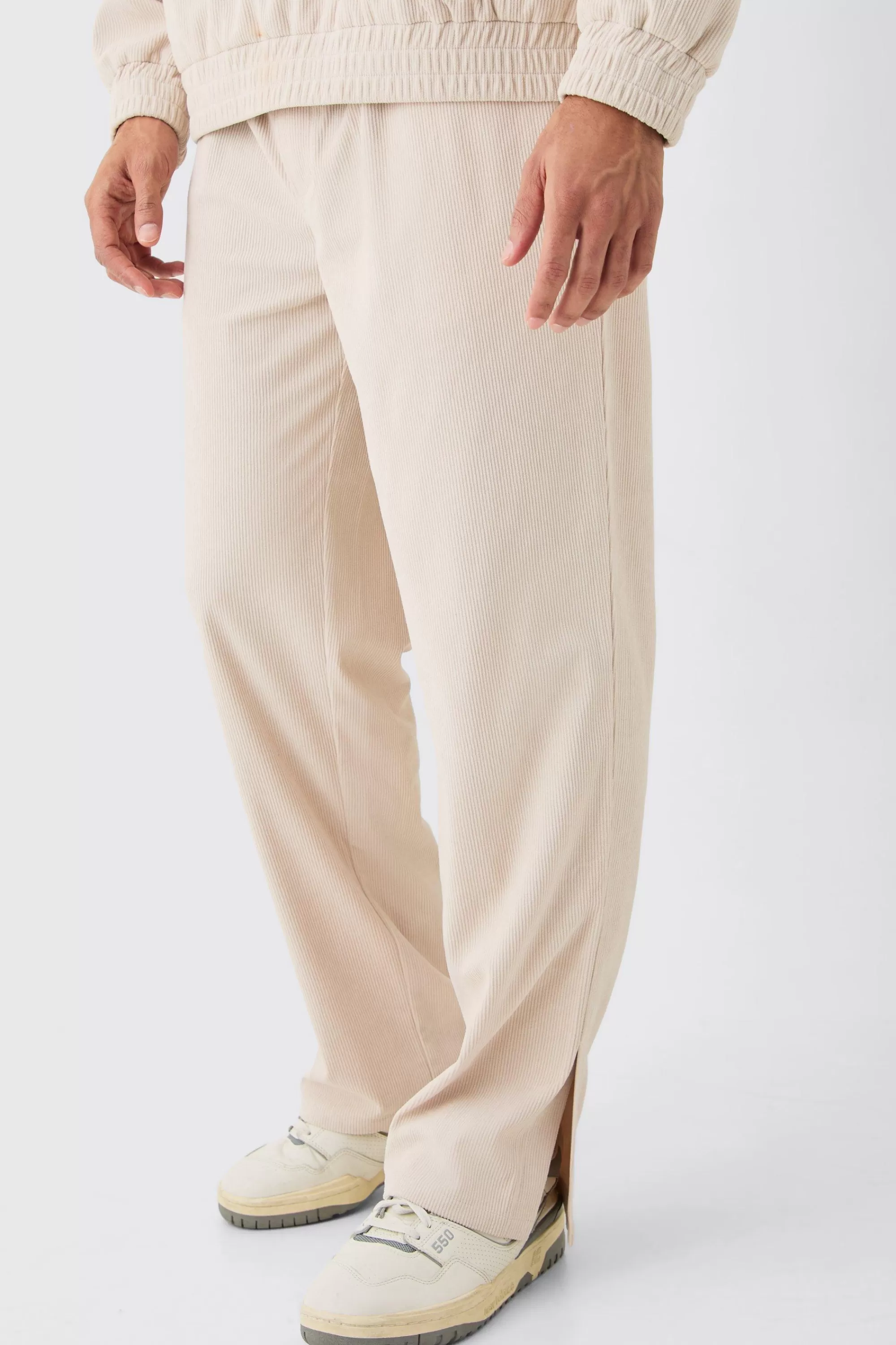 boohooMAN Corduroy Elasticated Waist Split Hem Trousers | UK