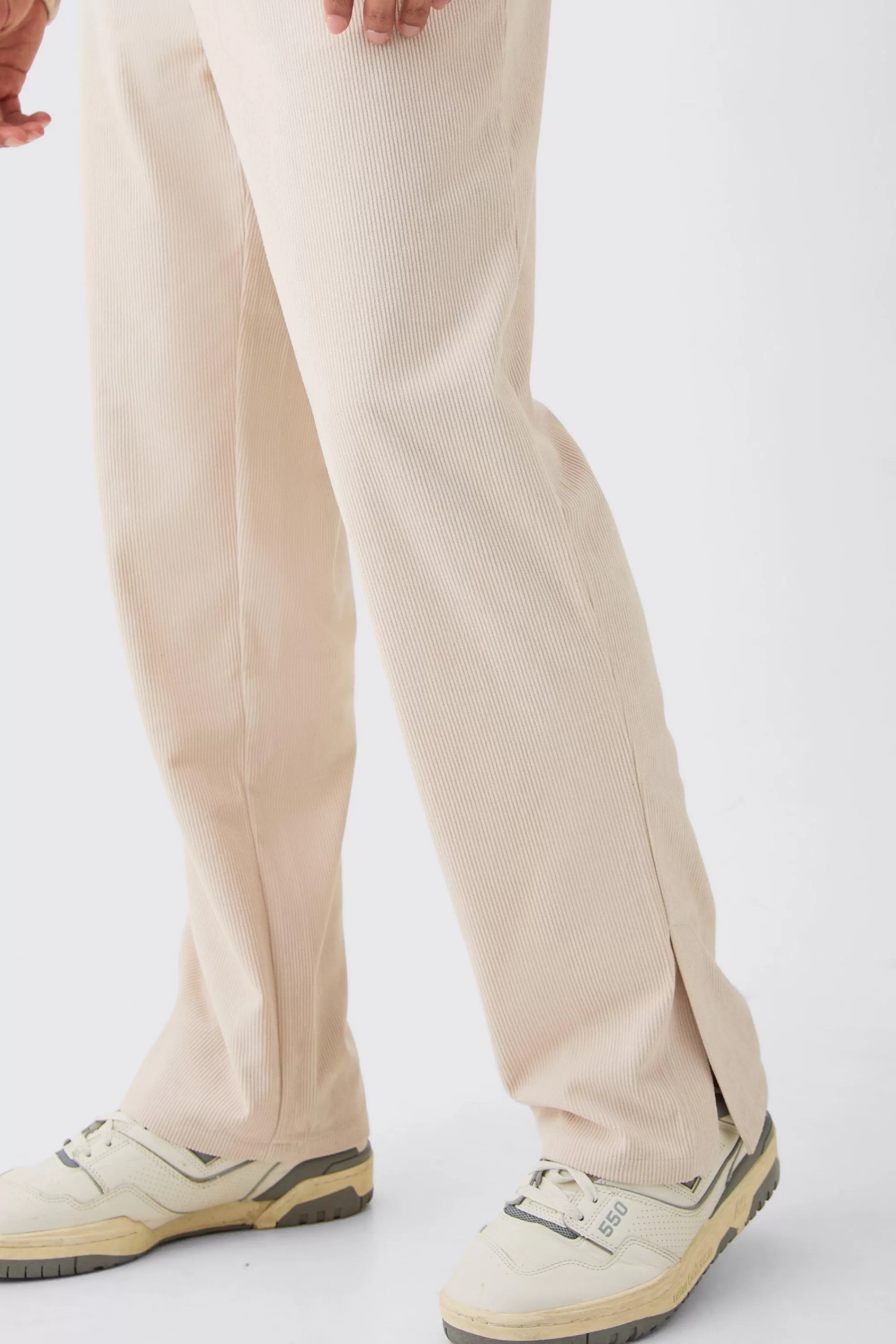 boohooMAN Corduroy Elasticated Waist Split Hem Trousers | UK