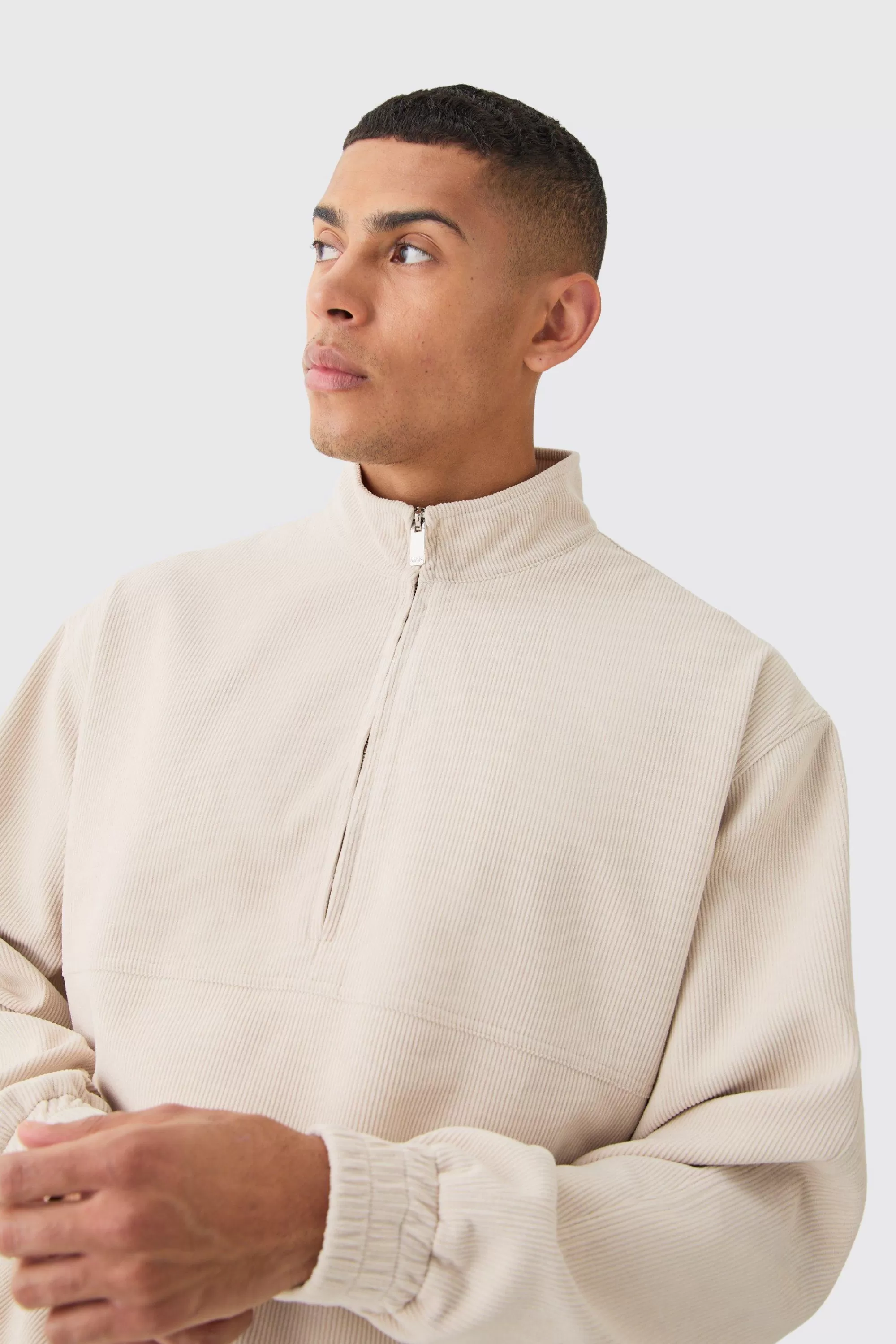 boohooMAN Corduroy Oversized Half Zip Sweat | UK