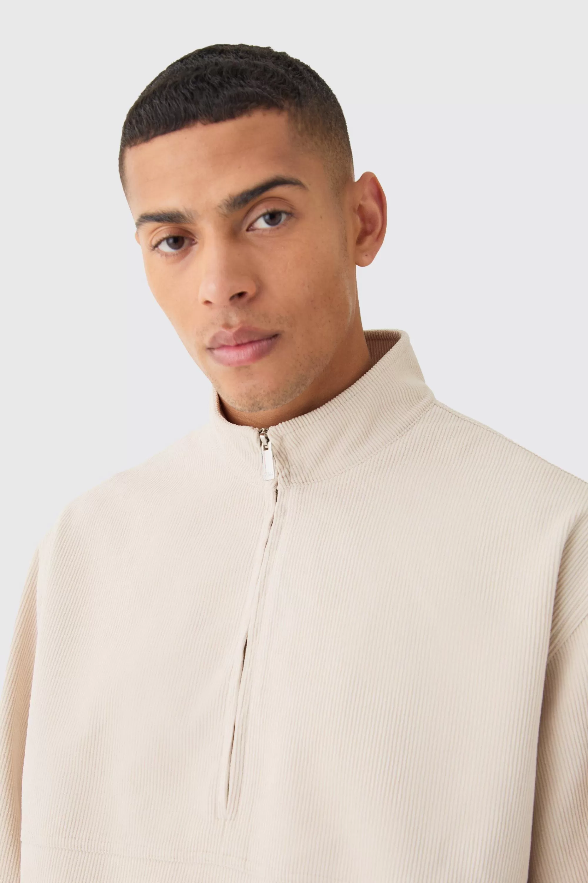 boohooMAN Corduroy Oversized Half Zip Sweat | UK