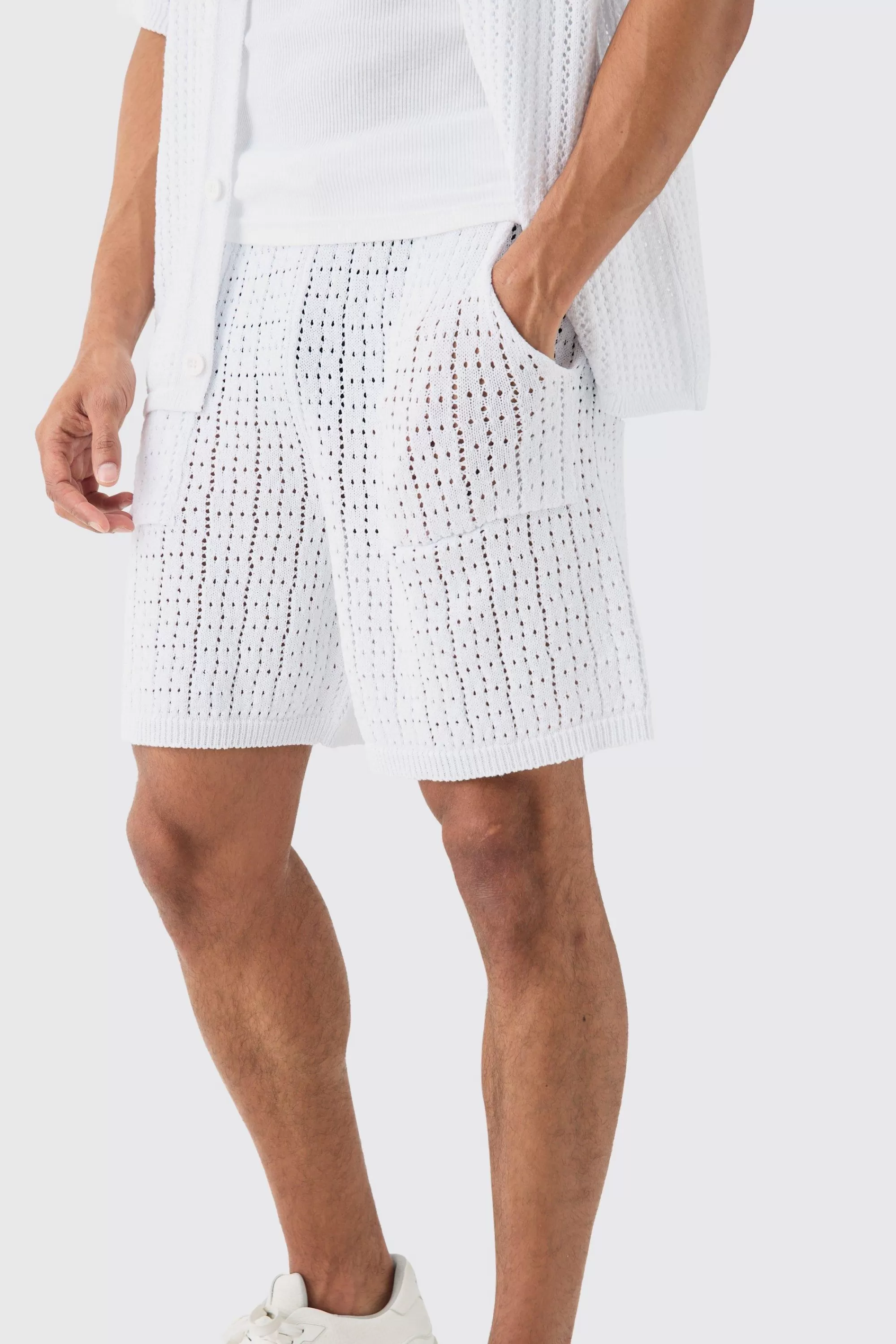 boohooMAN Crochet Knitted Mid Length Shorts In | UK