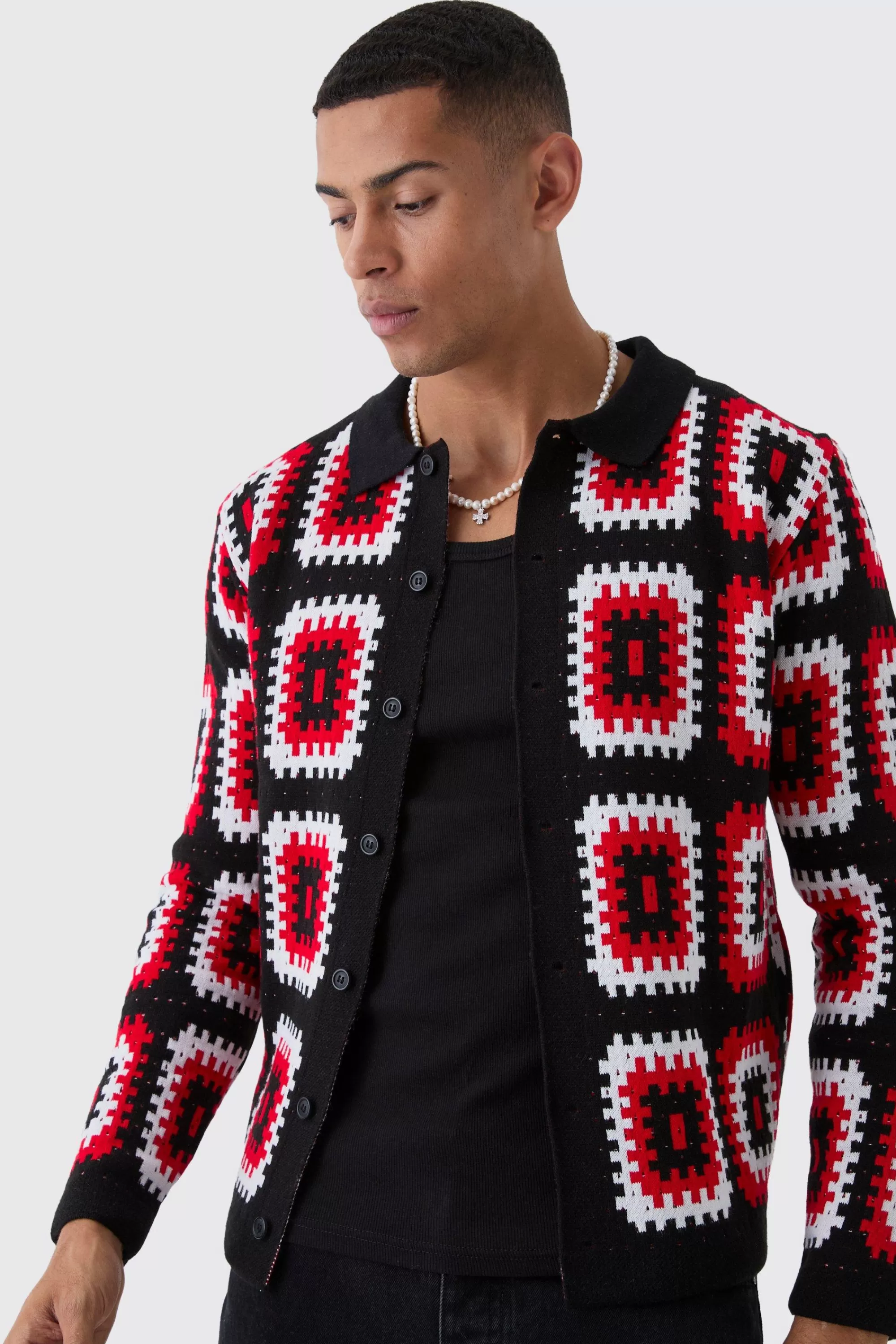 boohooMAN Crochet Long Sleeve Knitted Overshirt | UK