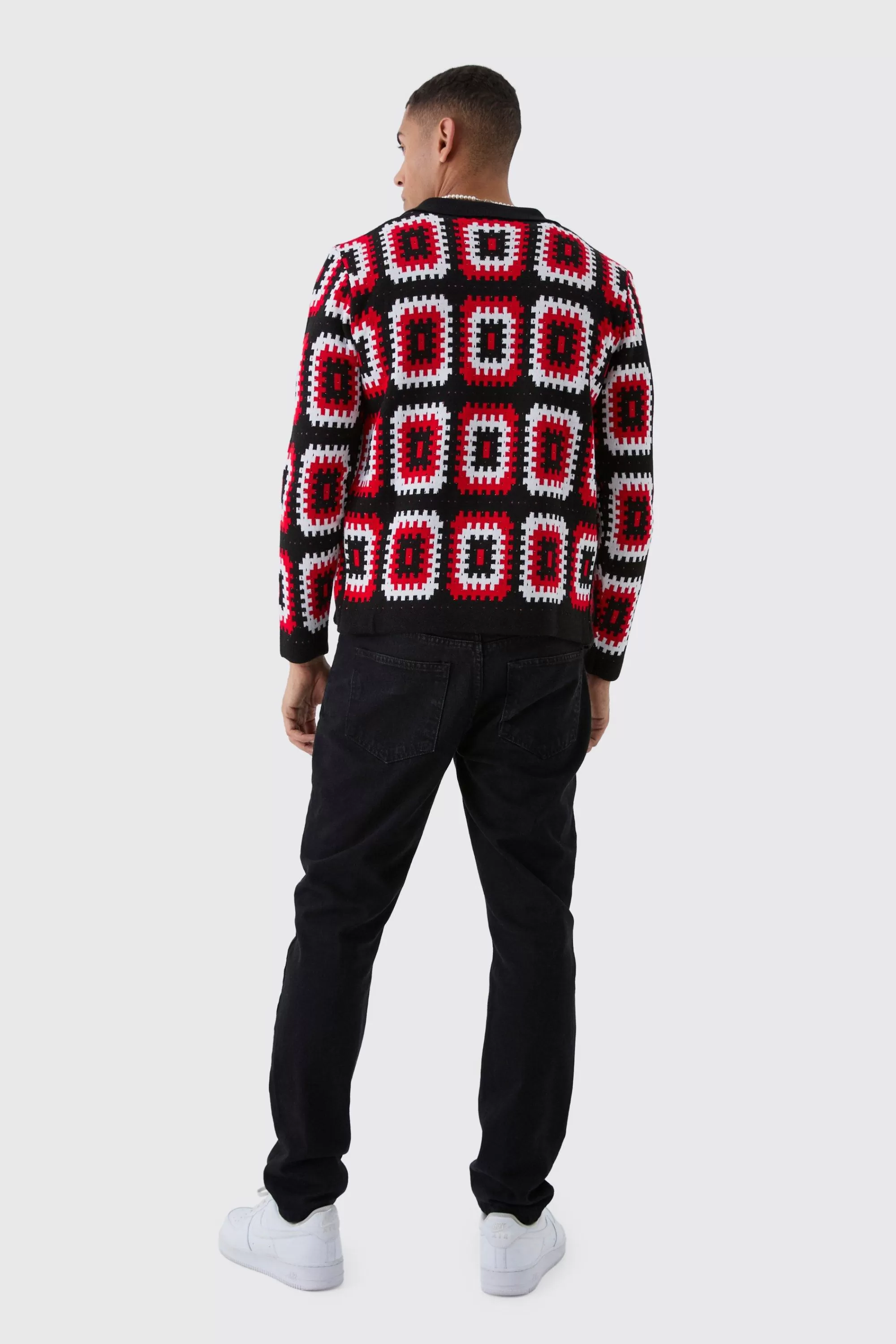 boohooMAN Crochet Long Sleeve Knitted Overshirt | UK