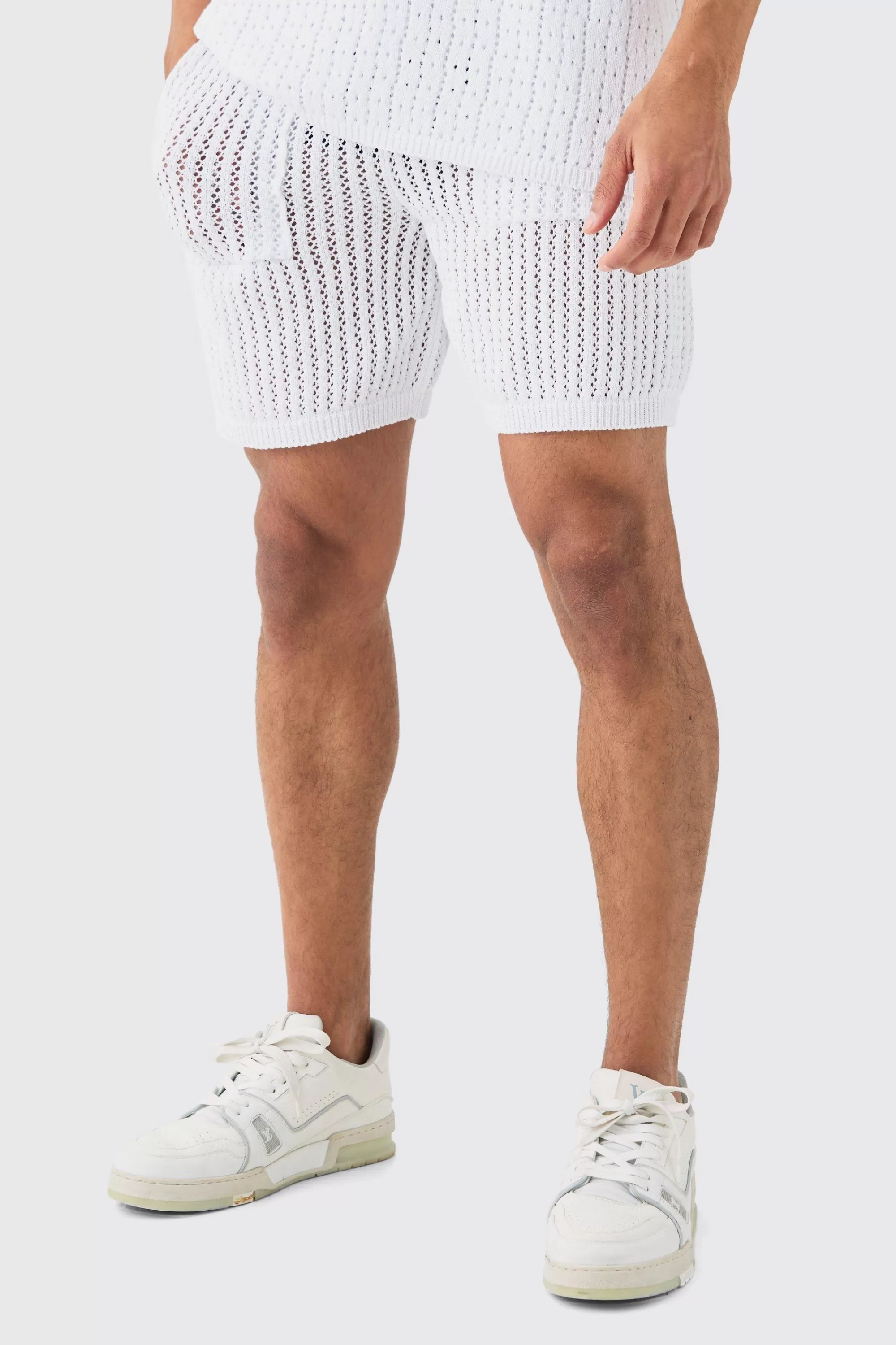 boohooMAN Crochet Open Knit Mid Length Shorts In | UK