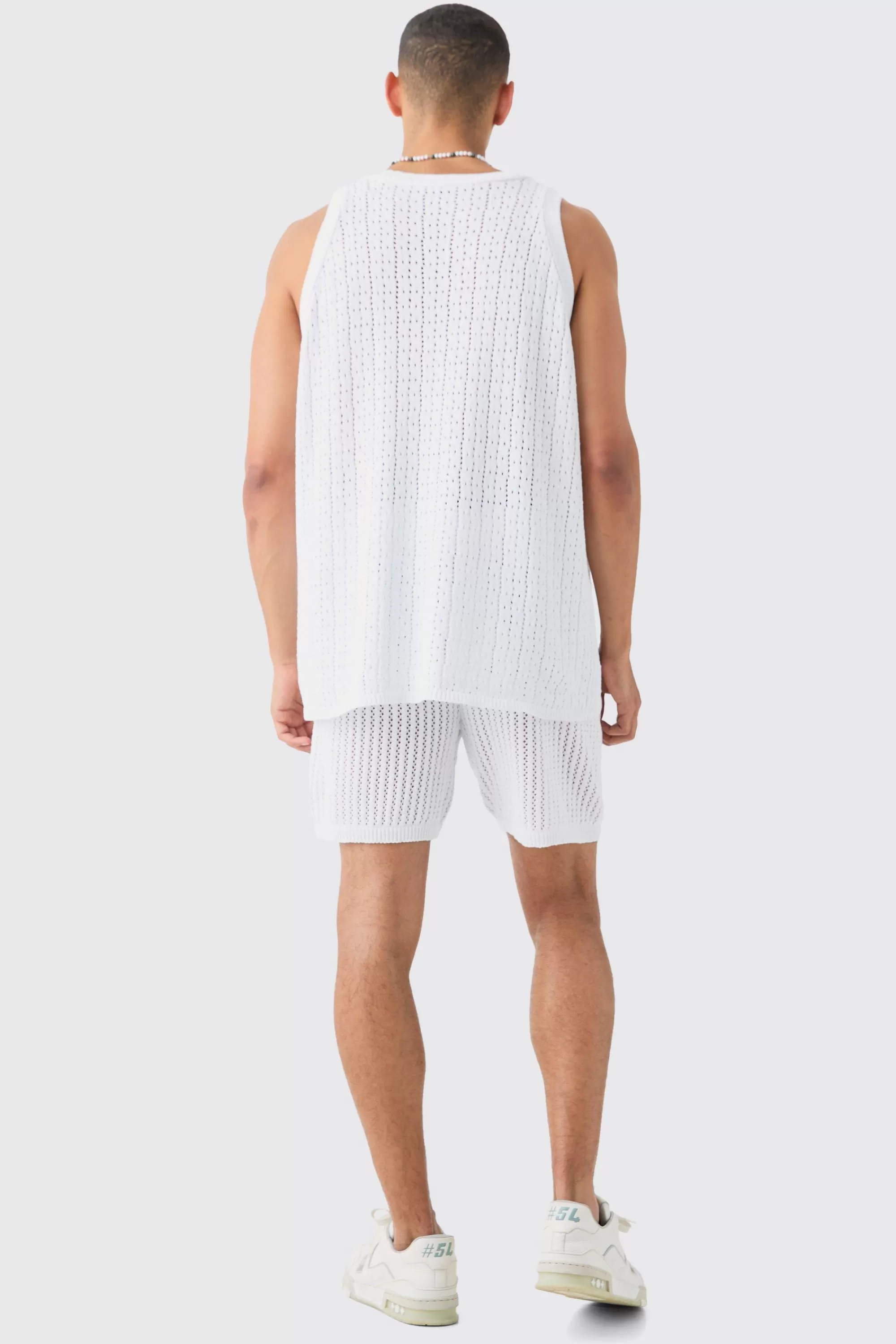 boohooMAN Crochet Open Knit Mid Length Shorts In | UK