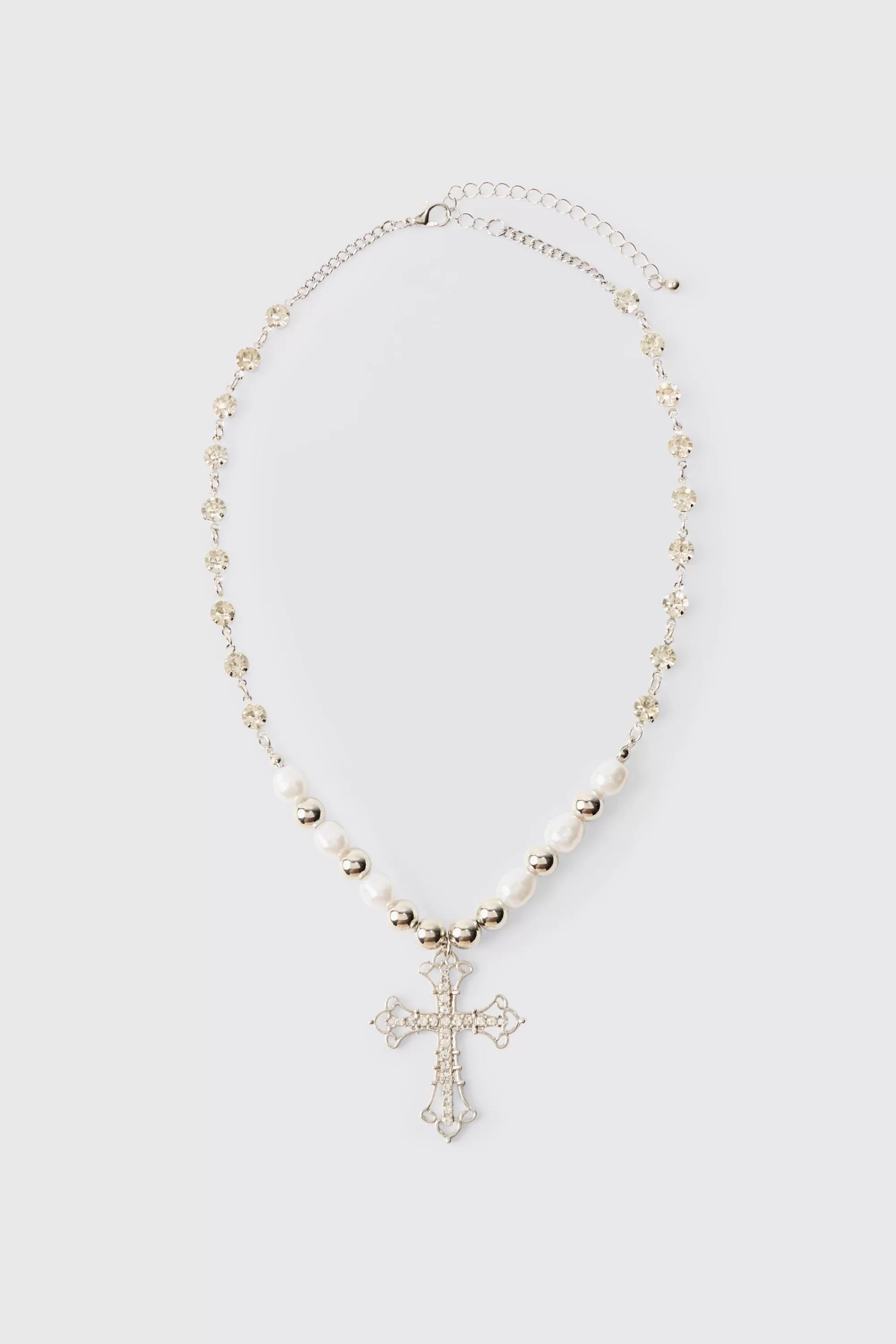 boohooMAN Cross Pendant Pearl And Metal Bead Necklace | UK