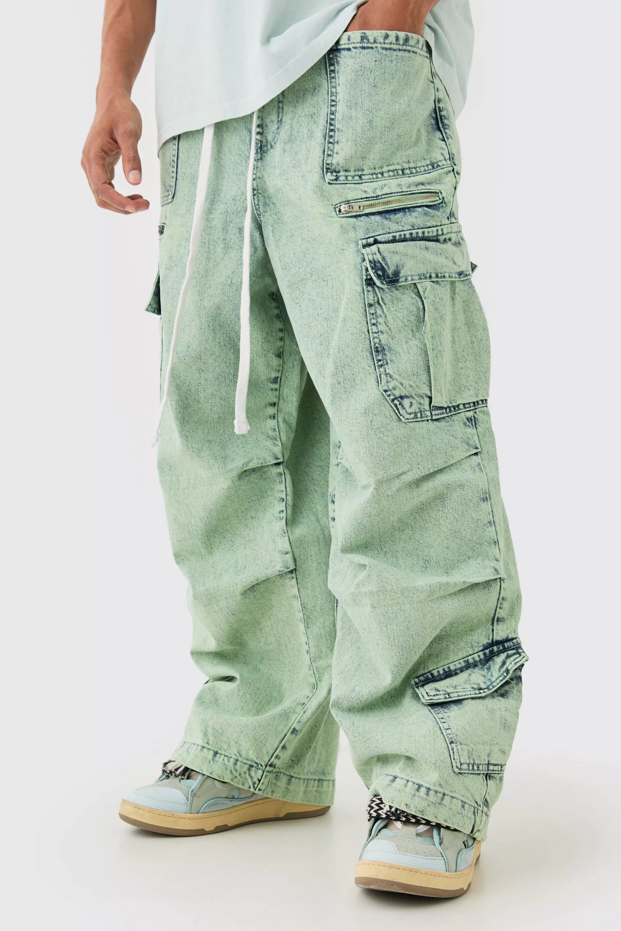 boohooMAN Denim Parachute Elasticated Waist Overdyed Acid Washed Cargo Jeans In | UK
