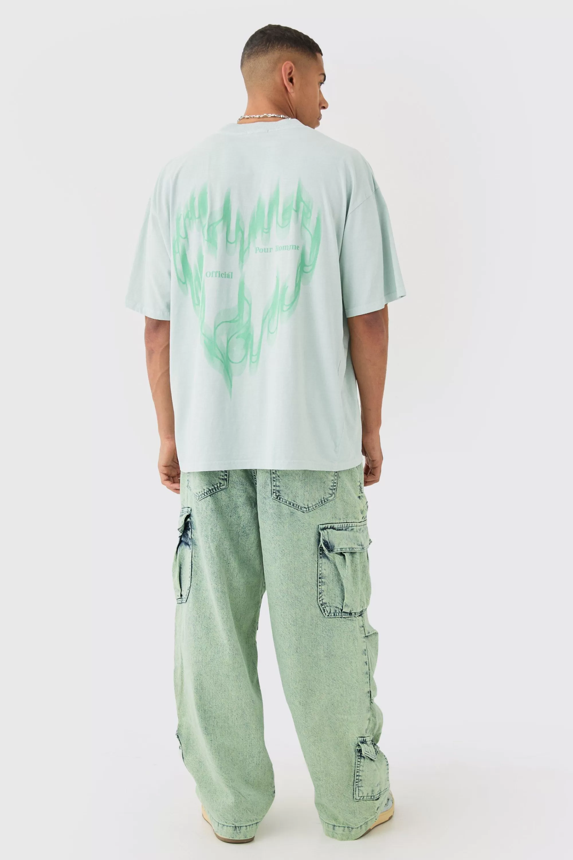 boohooMAN Denim Parachute Elasticated Waist Overdyed Acid Washed Cargo Jeans In | UK