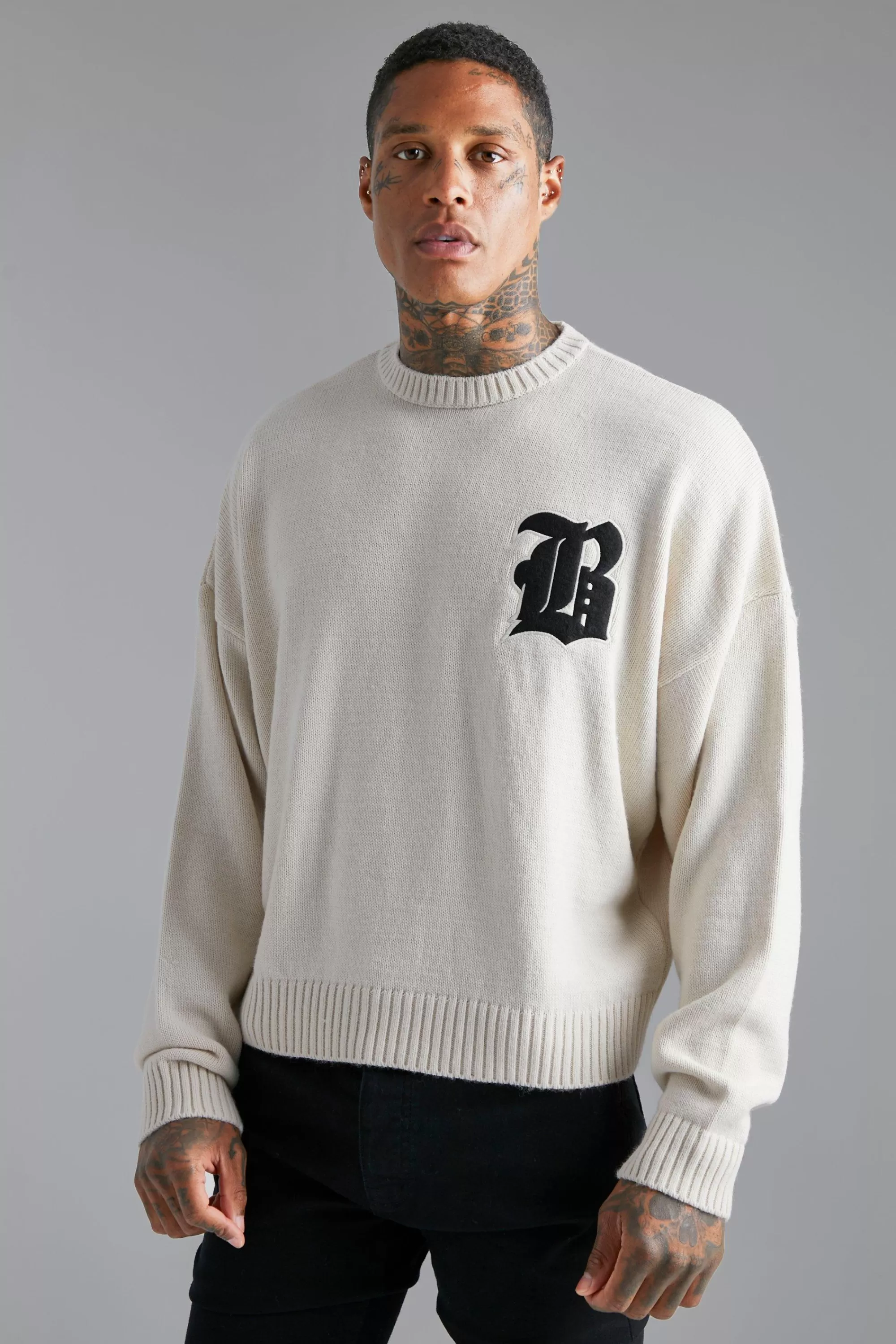 boohooMAN Distressed B Boxy Ribbed Jumper | UK