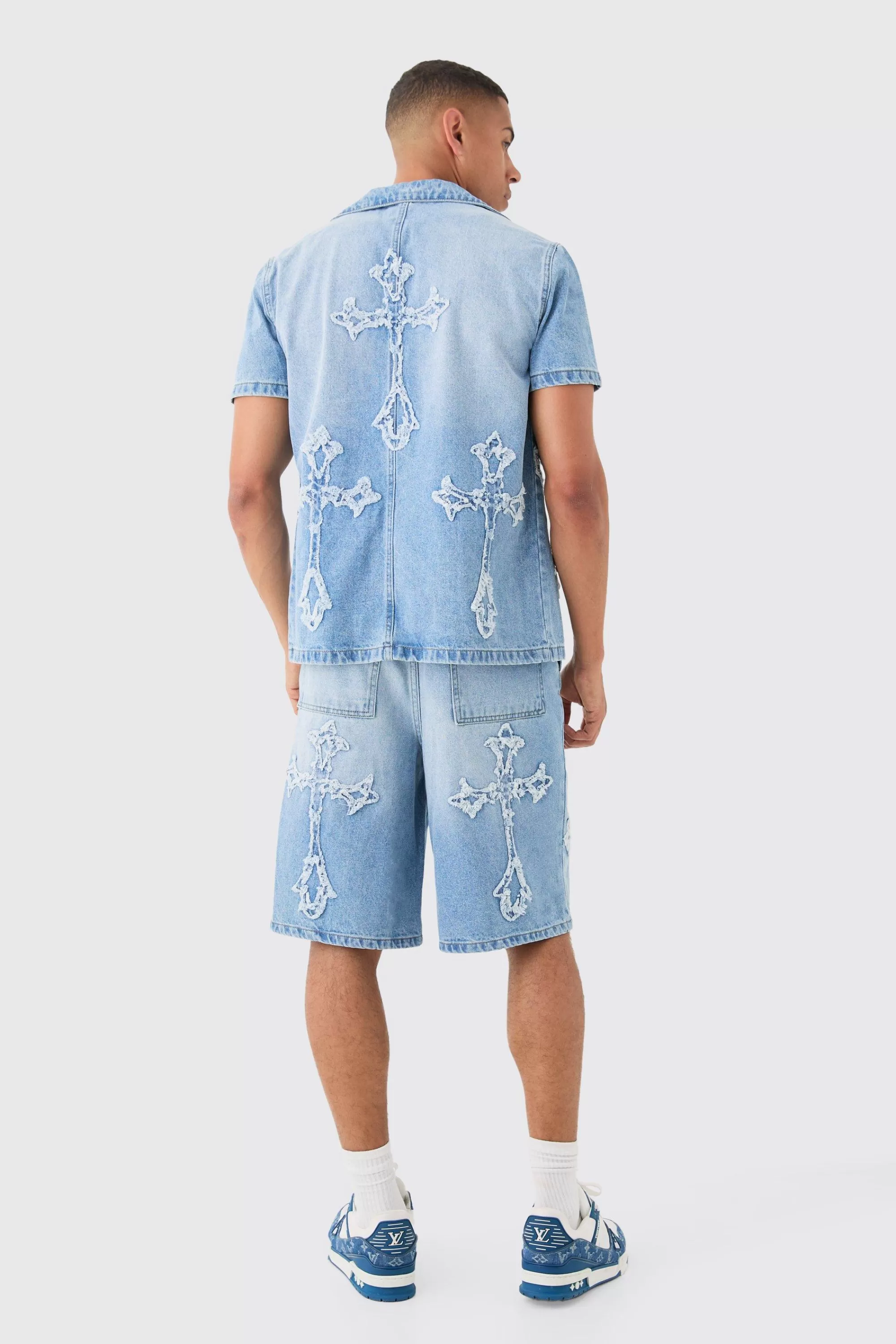 boohooMAN Distressed Cross Applique Denim Revere Shirt In | UK
