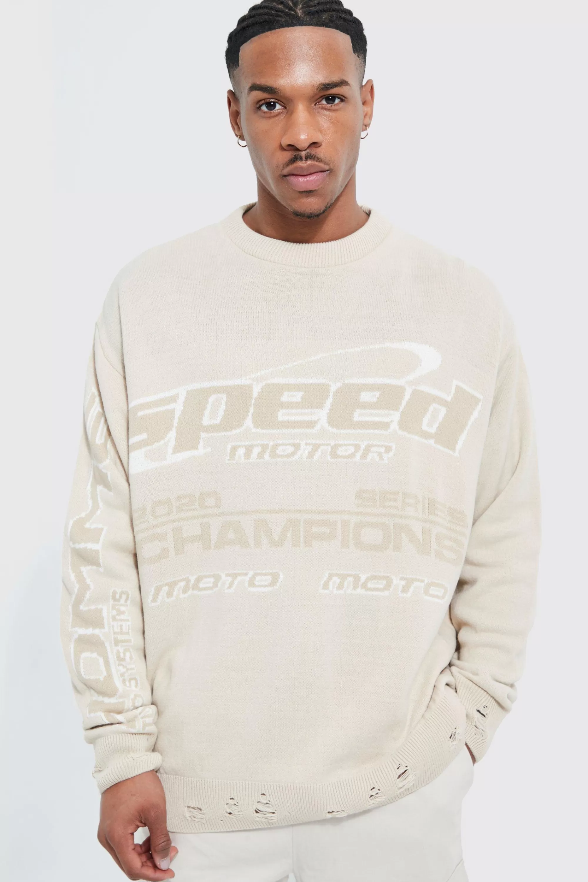 boohooMAN Distressed Hem Knitted Moto Oversized Jumper | UK