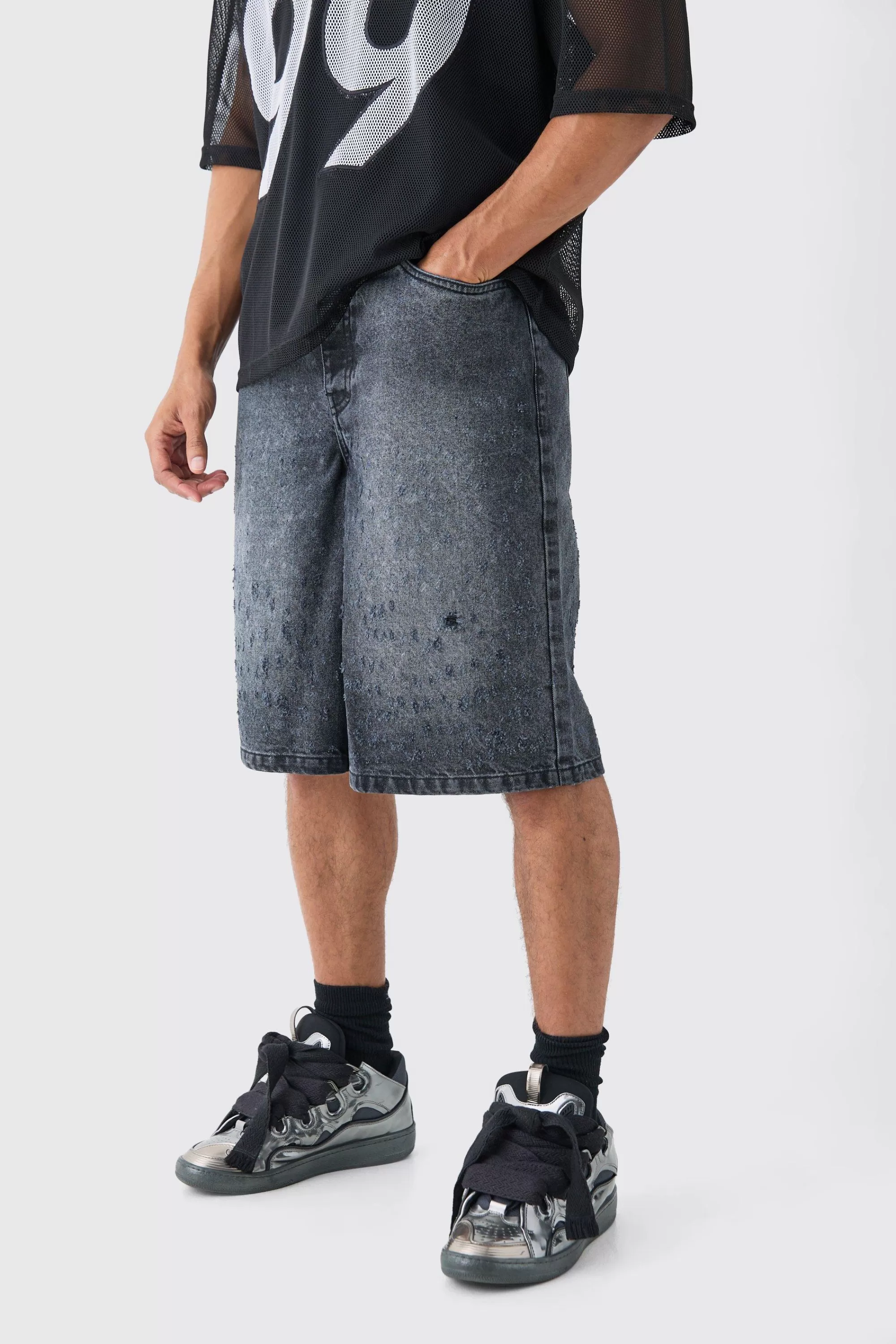 boohooMAN Distressed Regular Denim Jorts | UK
