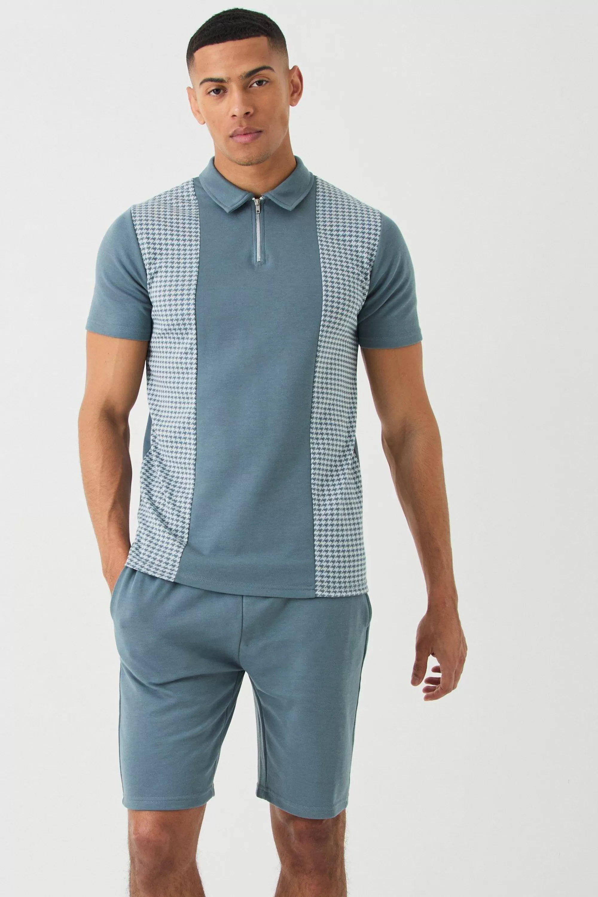 boohooMAN Dogtooth Jacquard Panel Polo & Short Set | UK