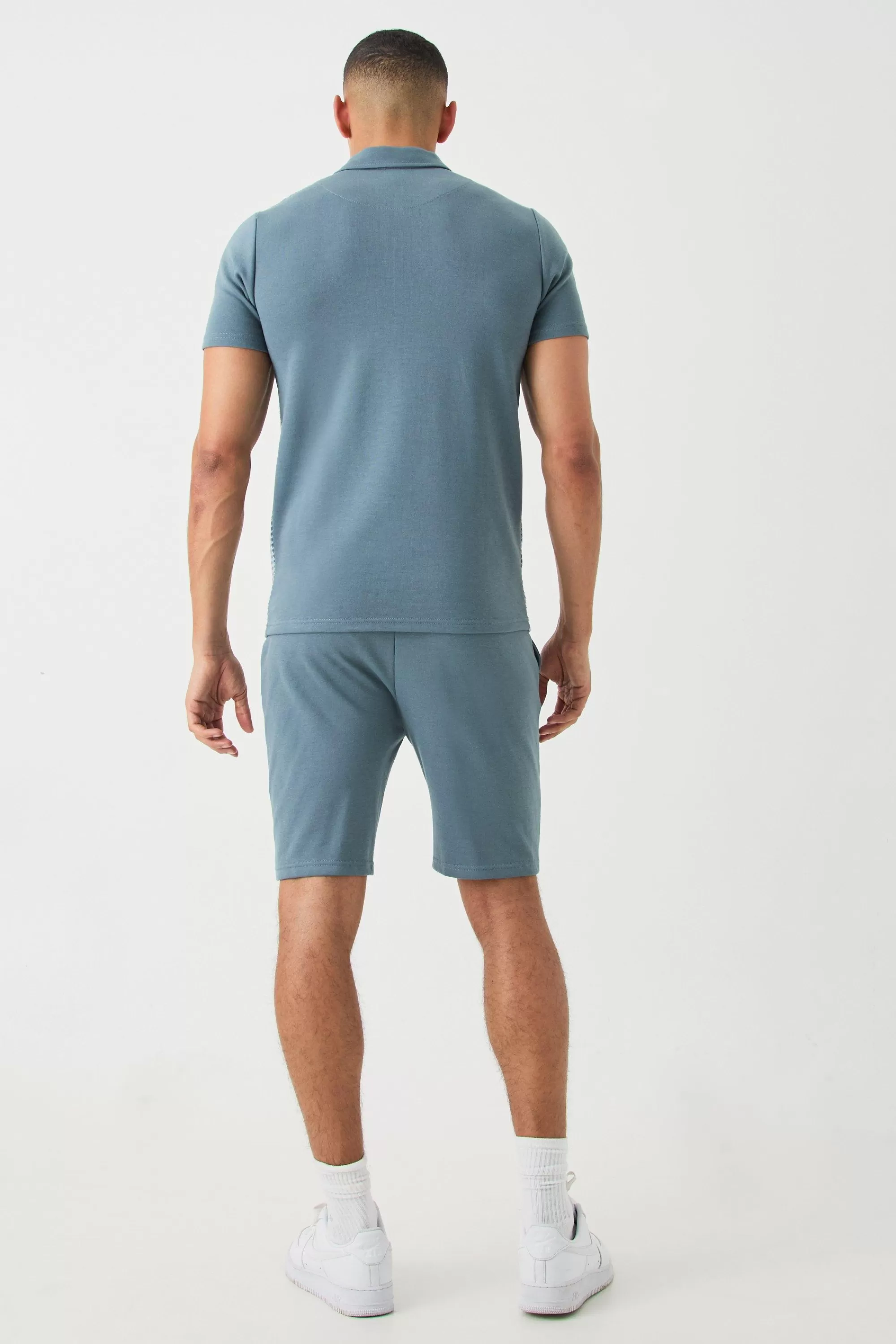 boohooMAN Dogtooth Jacquard Panel Polo & Short Set | UK