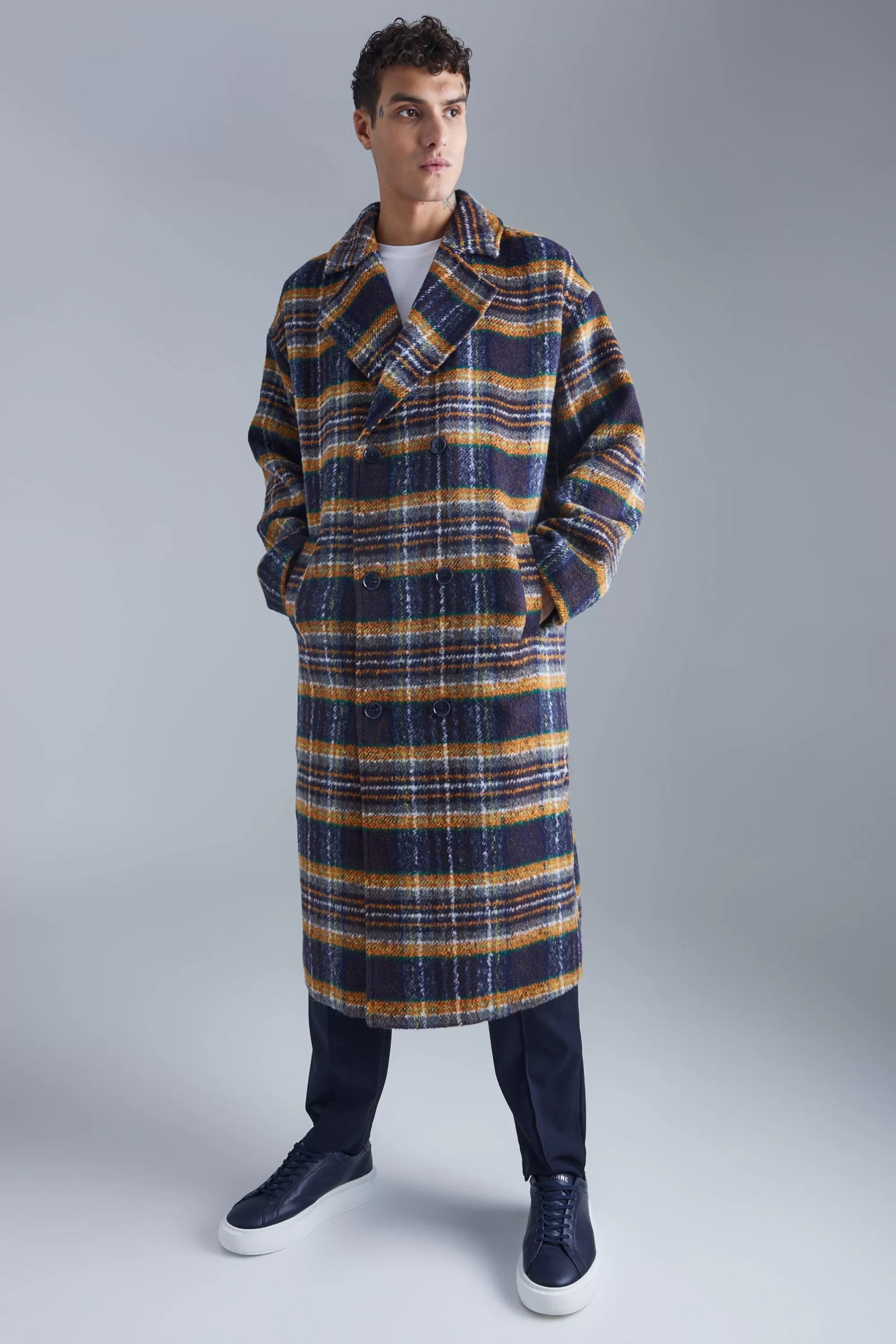 boohooMAN Double Breasted Longline Brushed Check Overcoat | UK