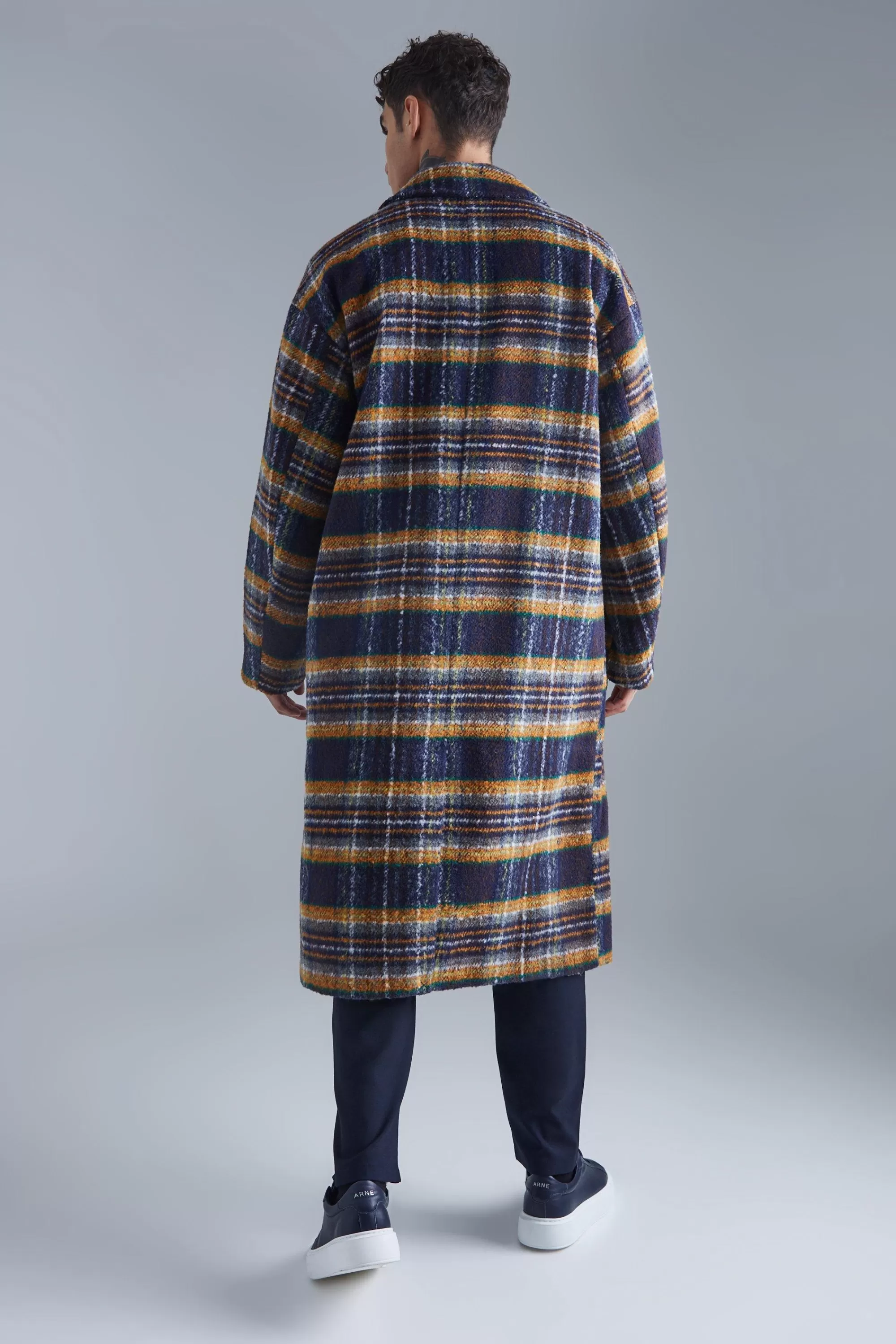 boohooMAN Double Breasted Longline Brushed Check Overcoat | UK
