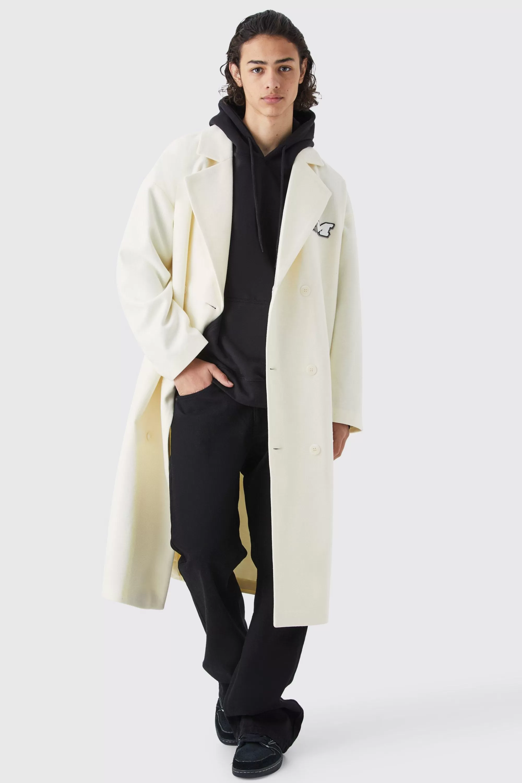 boohooMAN Double Breasted Longline Varsity Badge Overcoat | UK