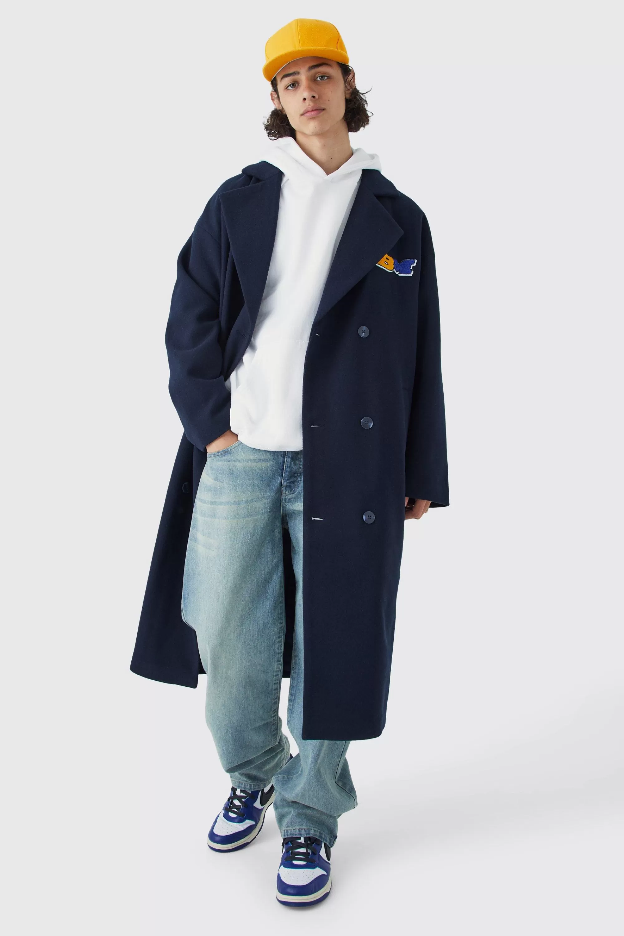 boohooMAN Double Breasted Longline Varsity Badge Overcoat | UK