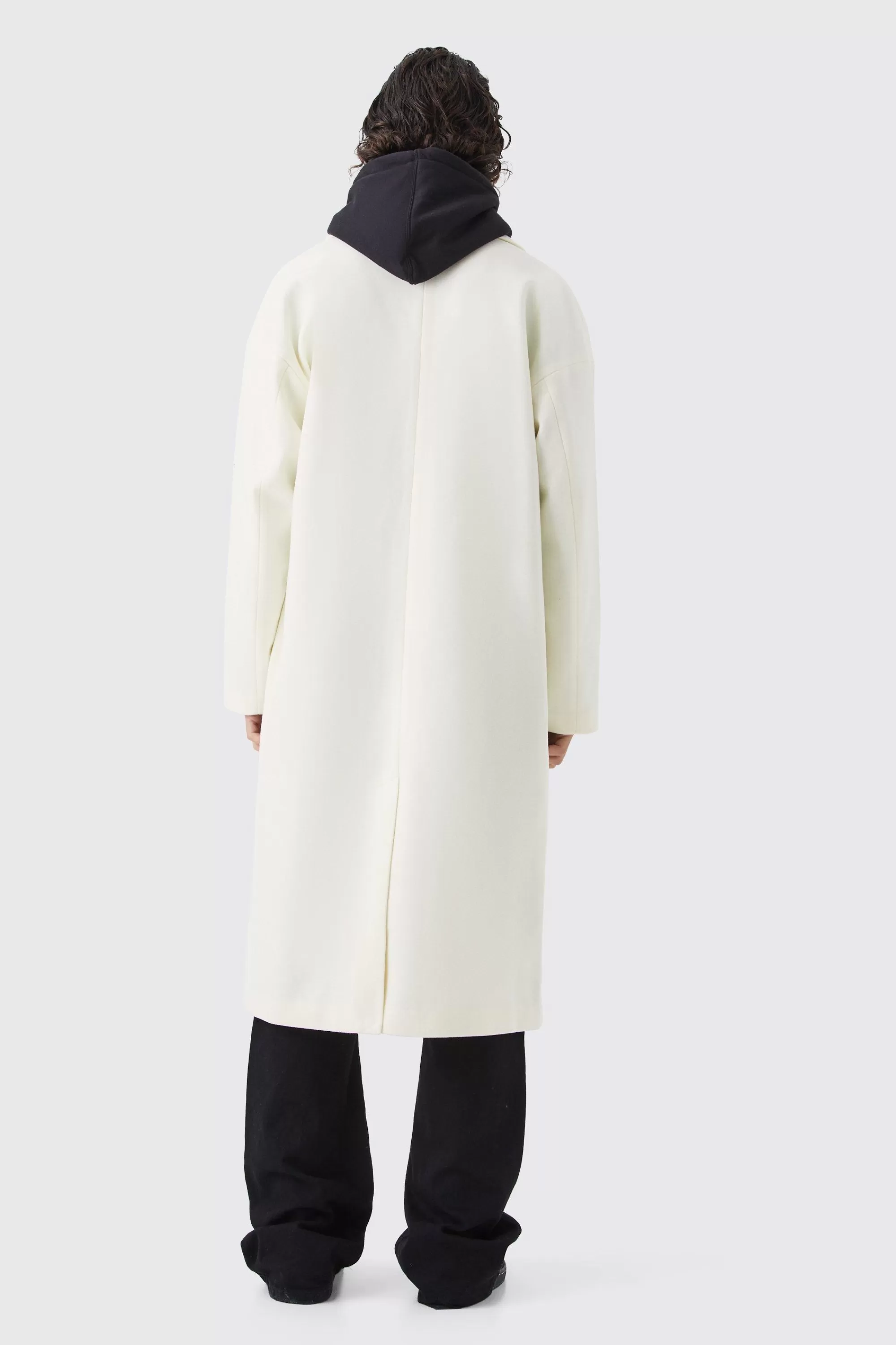 boohooMAN Double Breasted Longline Varsity Badge Overcoat | UK