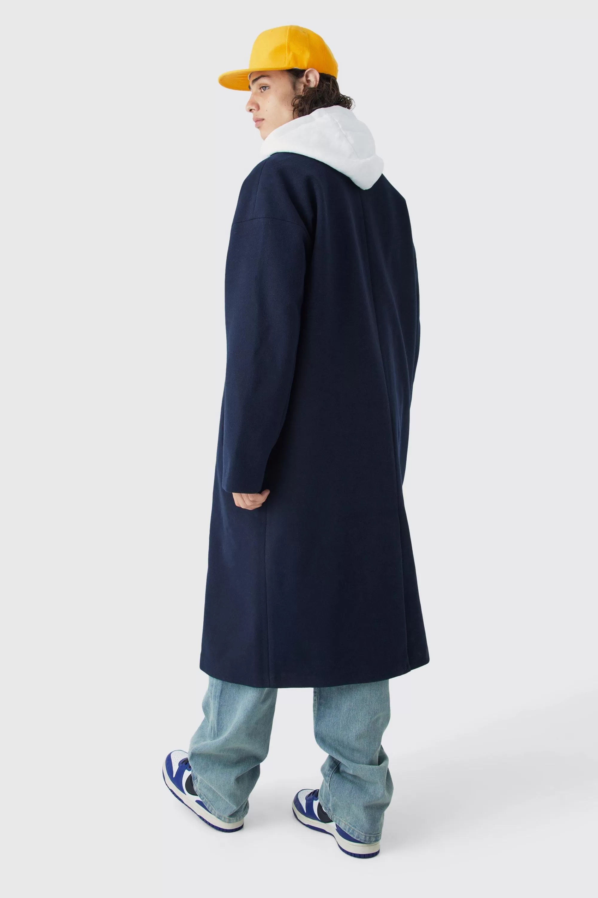 boohooMAN Double Breasted Longline Varsity Badge Overcoat | UK