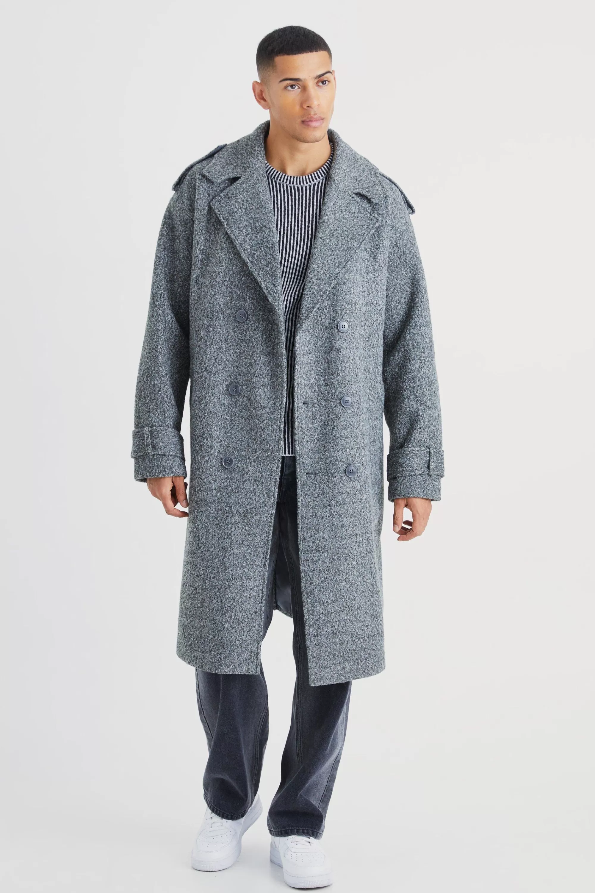boohooMAN Double Breasted Salt & Pepper Overcoat | UK