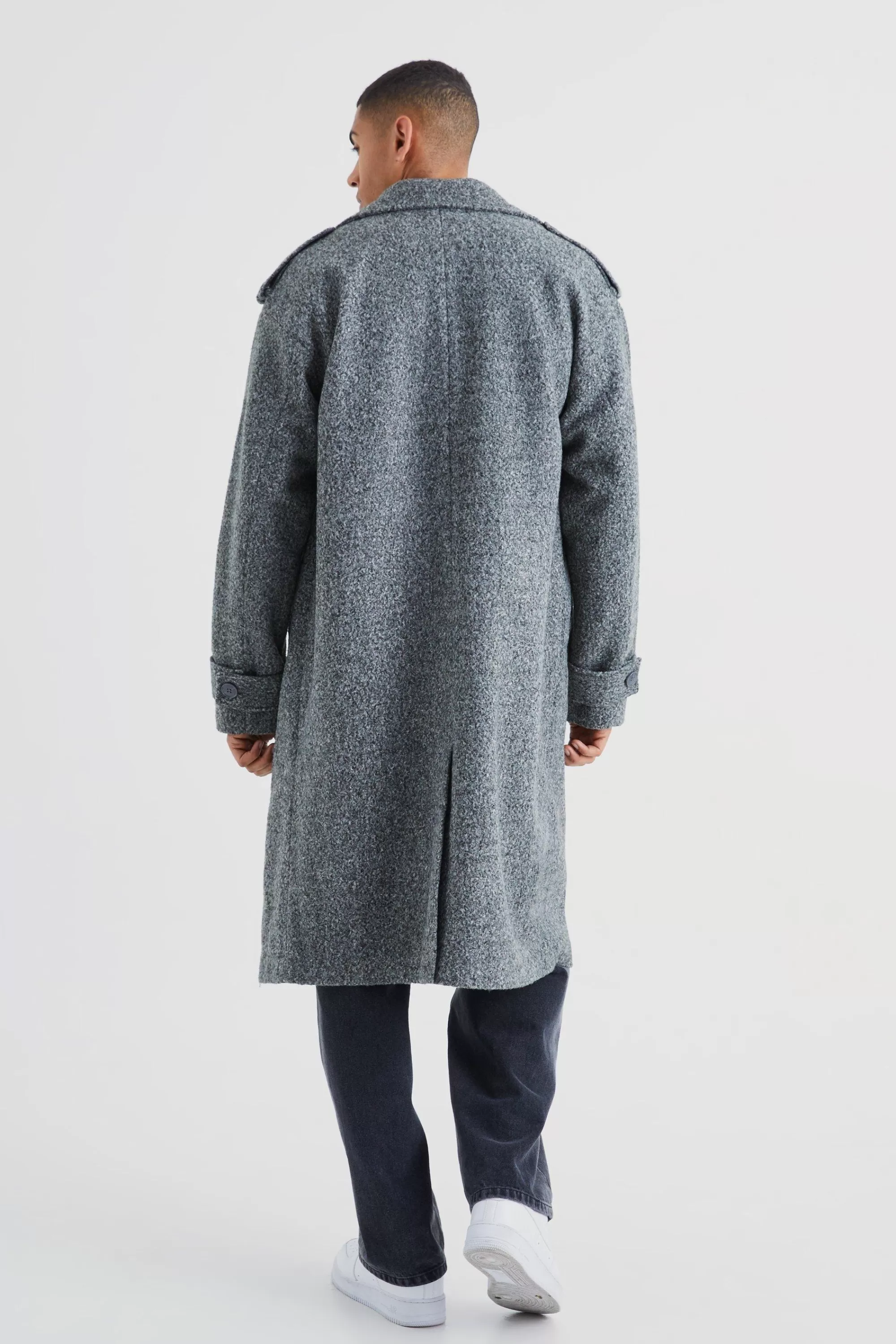 boohooMAN Double Breasted Salt & Pepper Overcoat | UK