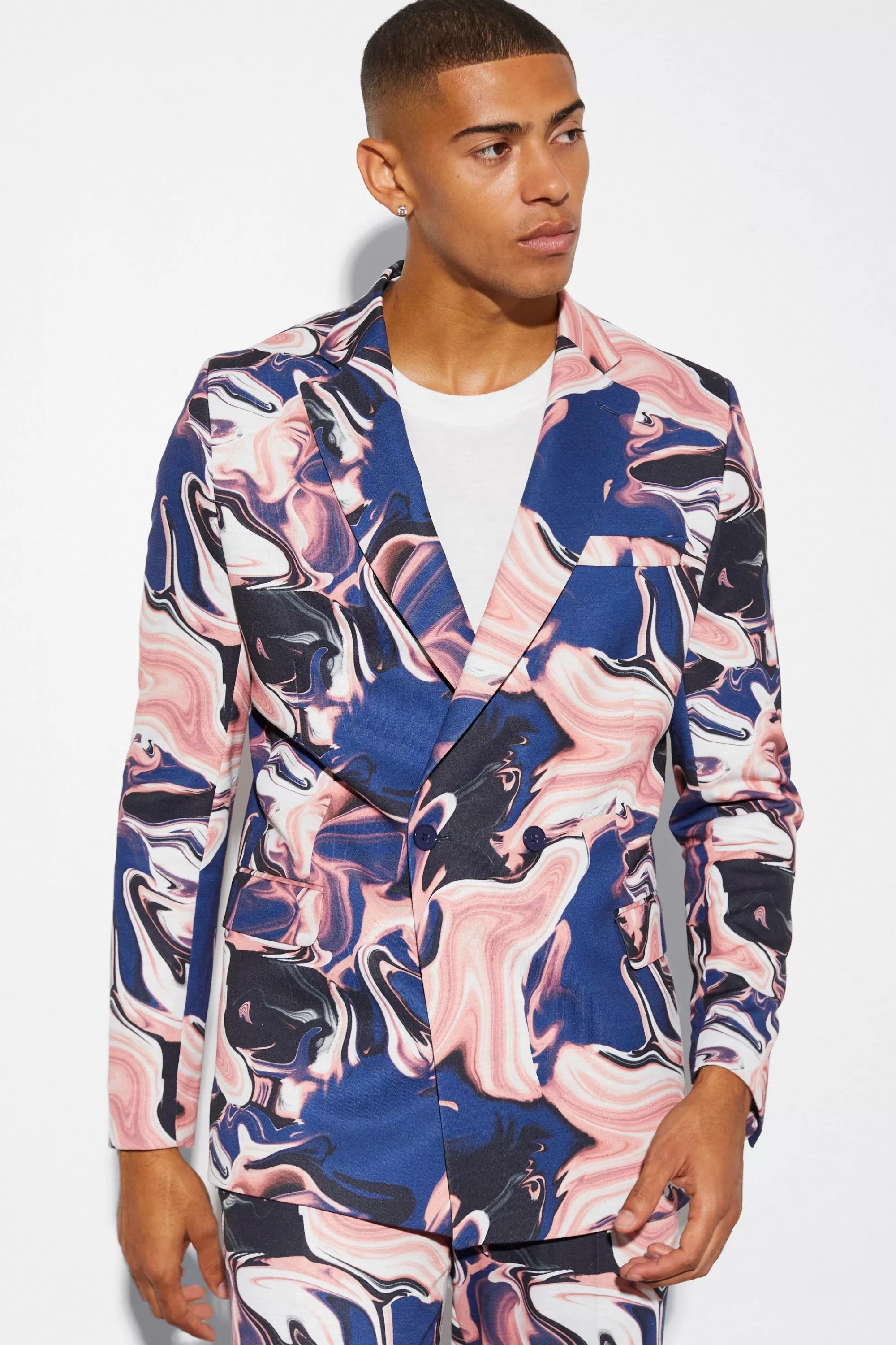 boohooMAN Double Breasted Slim Marble Suit Jacket | UK
