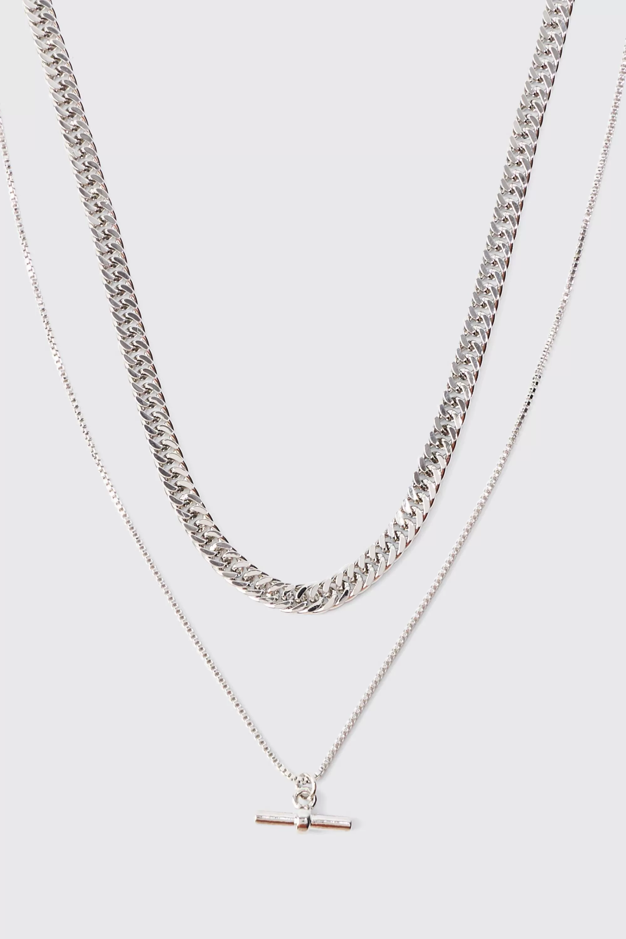 boohooMAN Double Chain T Bar Necklace In | UK