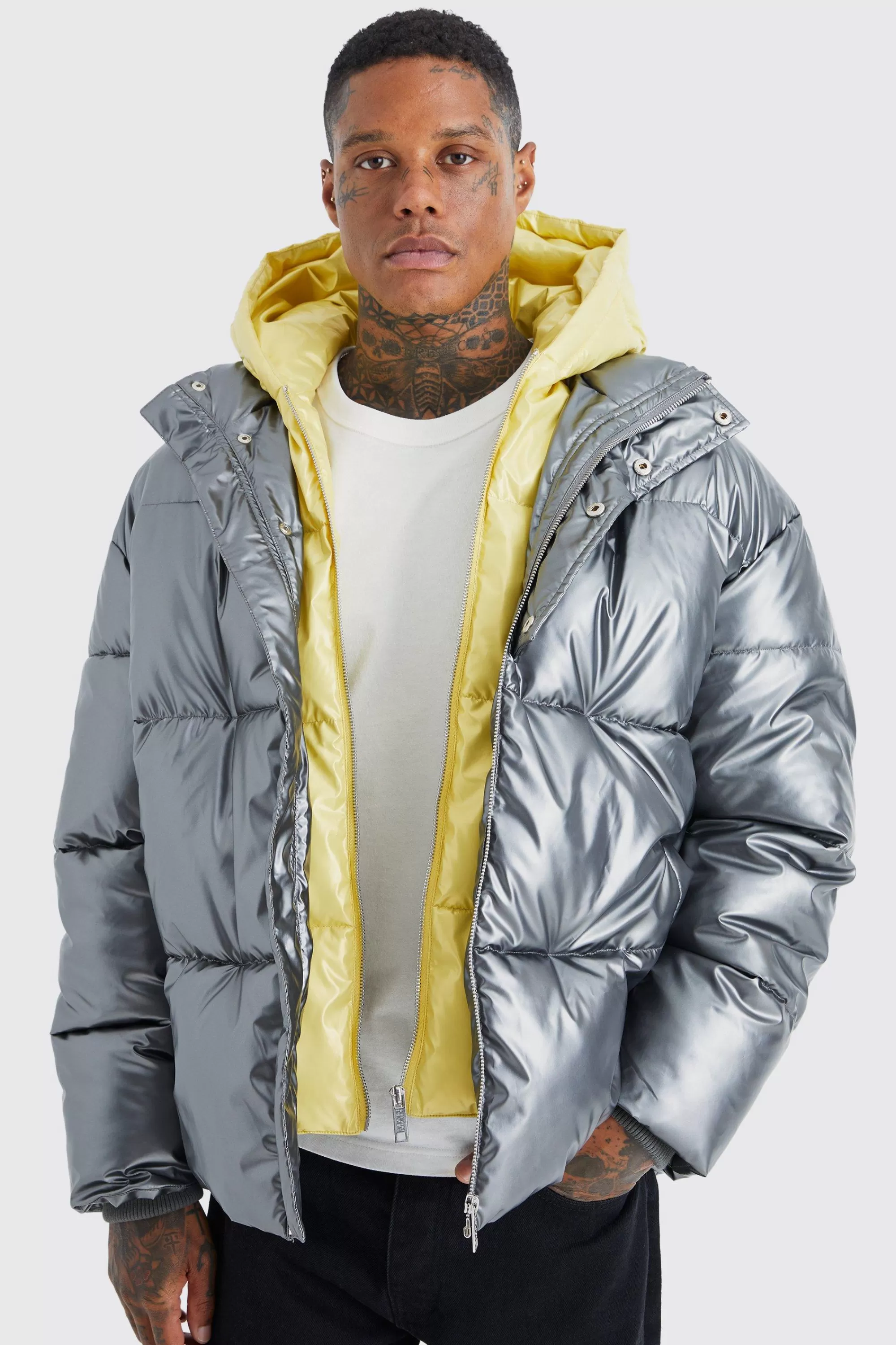 boohooMAN Double Layer Metallic Puffer With Hood | UK