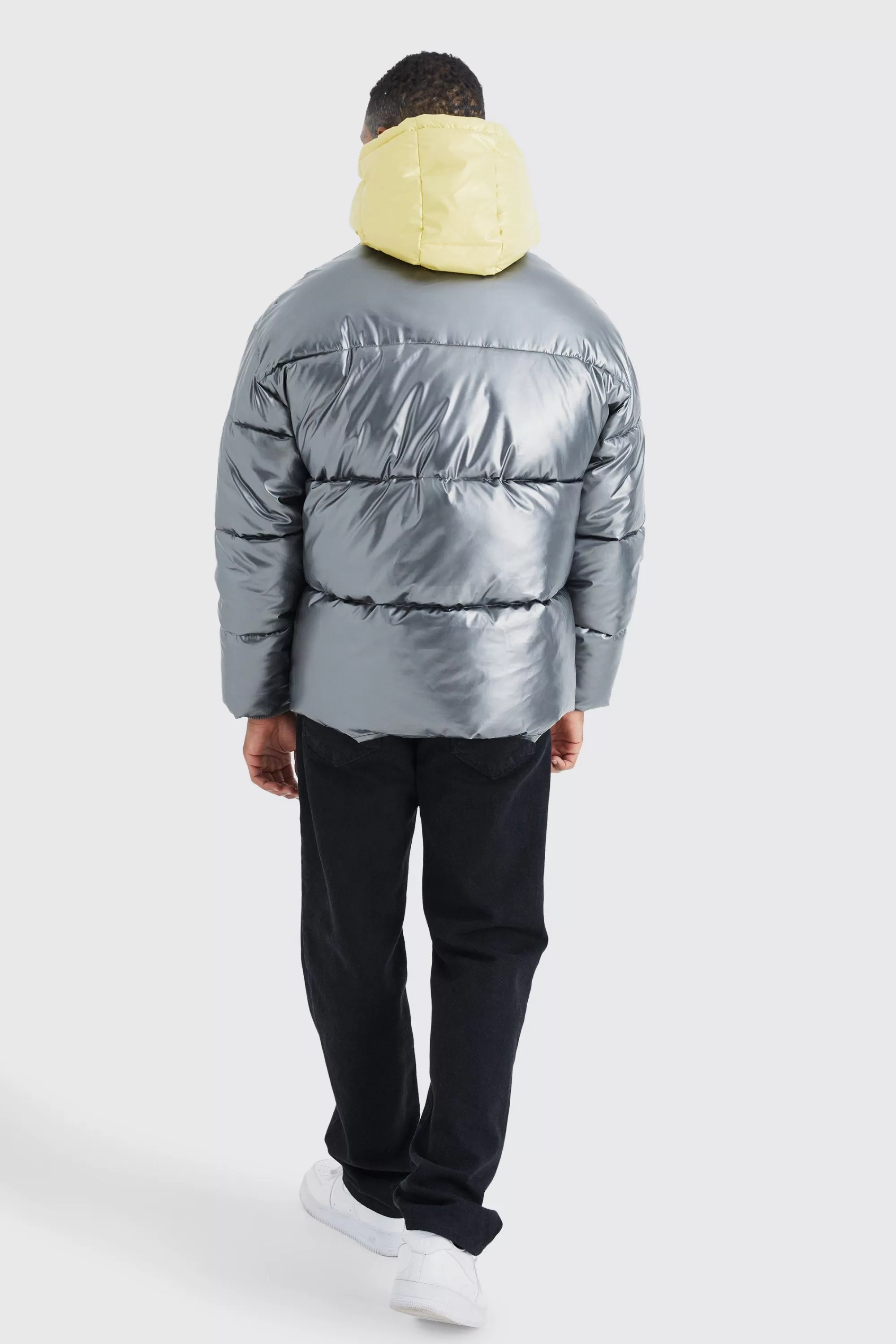 boohooMAN Double Layer Metallic Puffer With Hood | UK