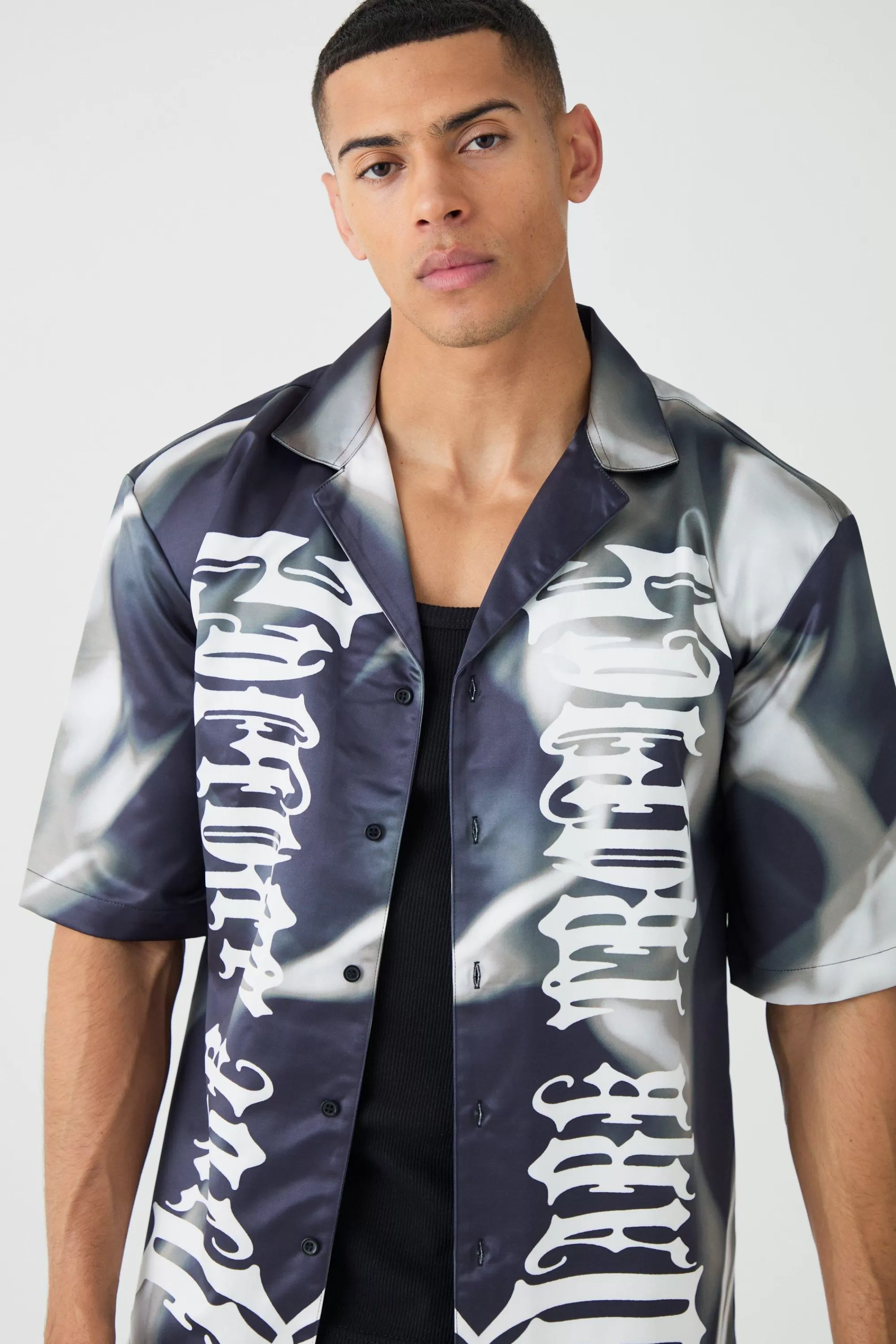 boohooMAN Drop Revere Short Sleeve Satin Graphic Shirt | UK
