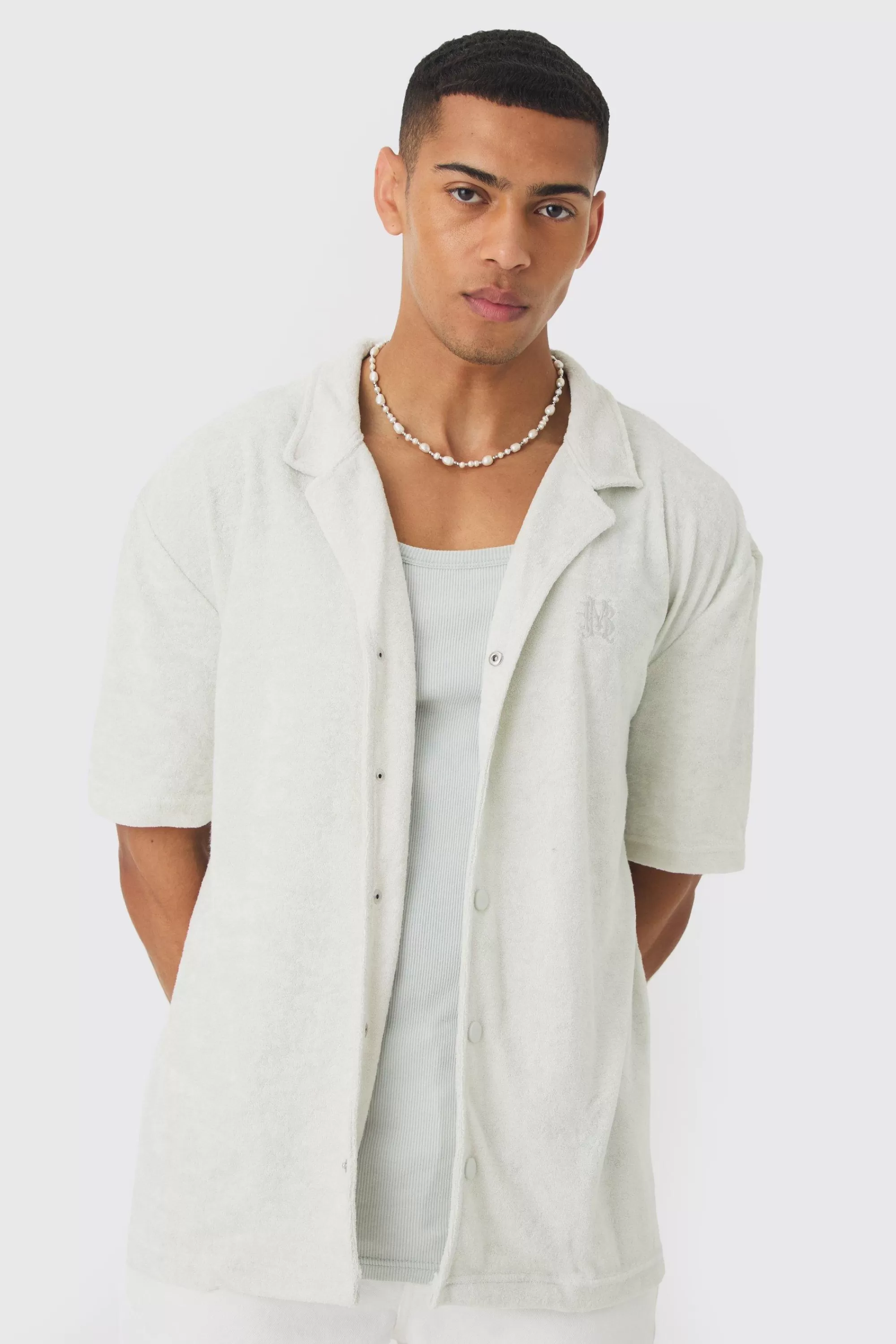 boohooMAN Drop Revere Towelling Embroidered Shirt | UK