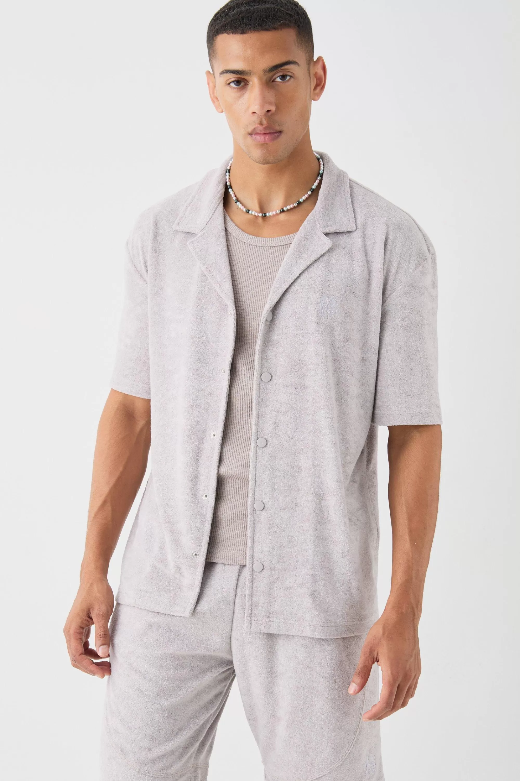 boohooMAN Drop Revere Towelling Shirt And Short Set | UK
