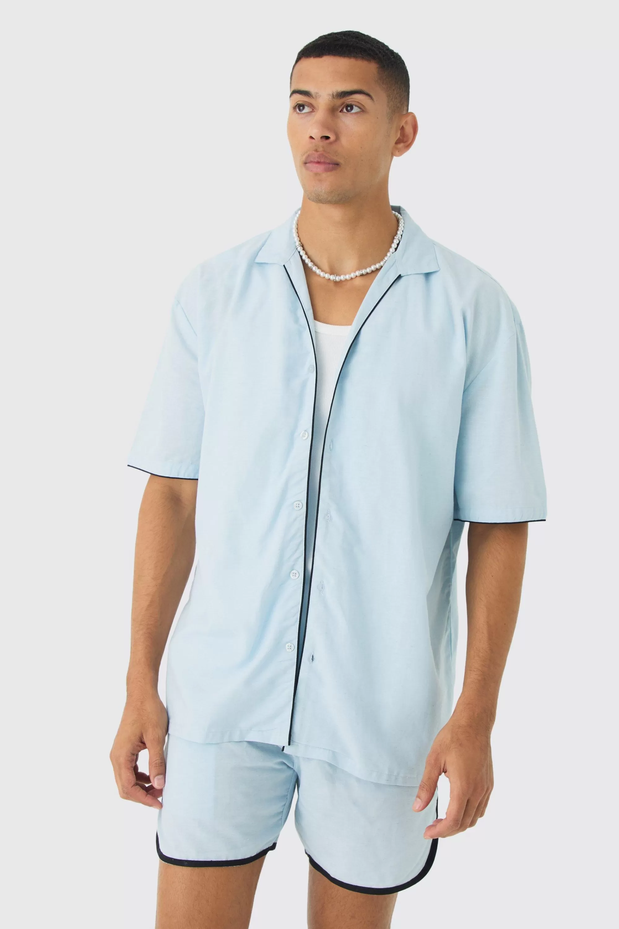 boohooMAN Dropped Revere Linen Piped Shirt & Smart Short Set | UK