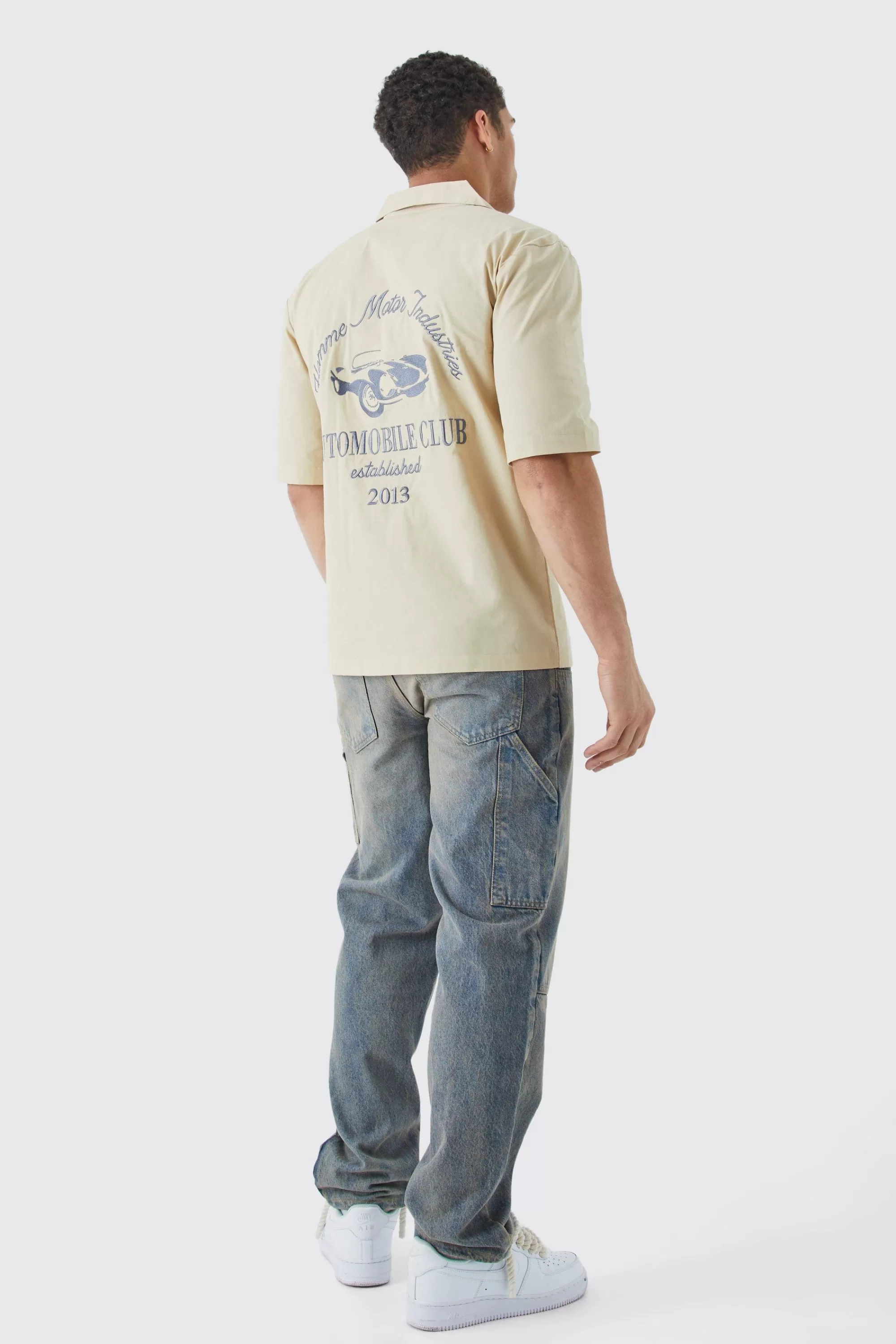 boohooMAN Dropped Revere Poplin Automobile Club Shirt | UK