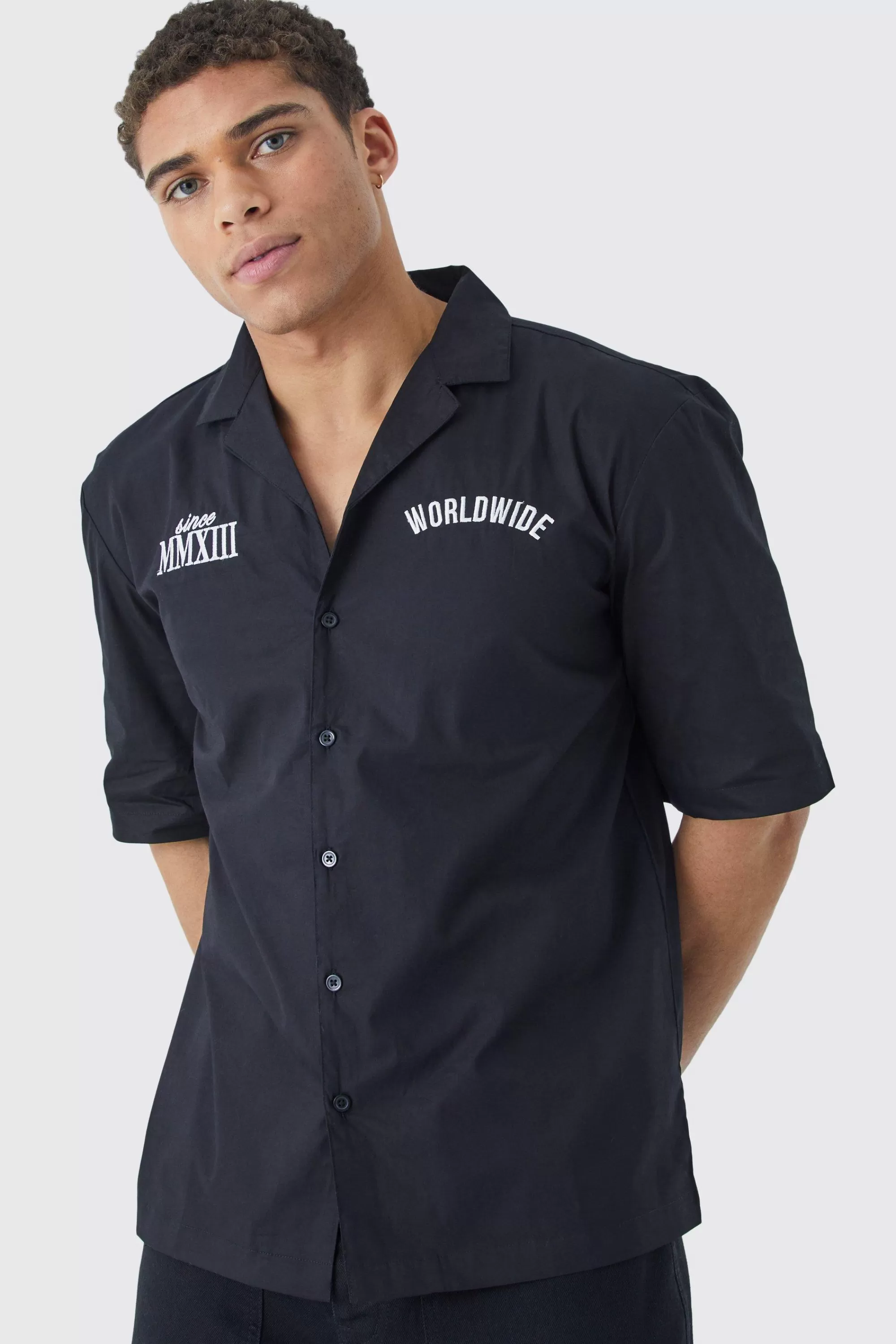 boohooMAN Dropped Revere Poplin Worldwide Club Shirt | UK