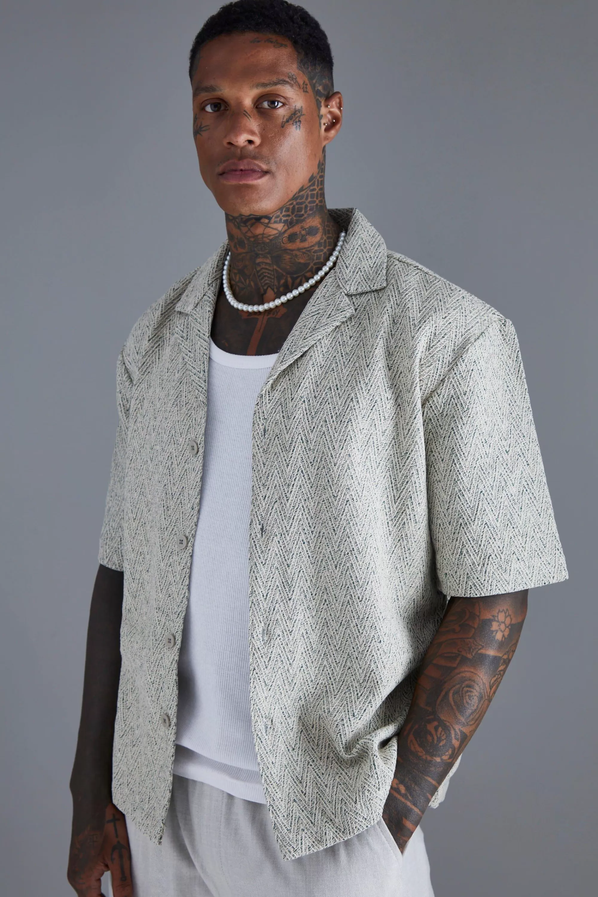 boohooMAN Dropped Revere Textured Herringbone Shirt | UK