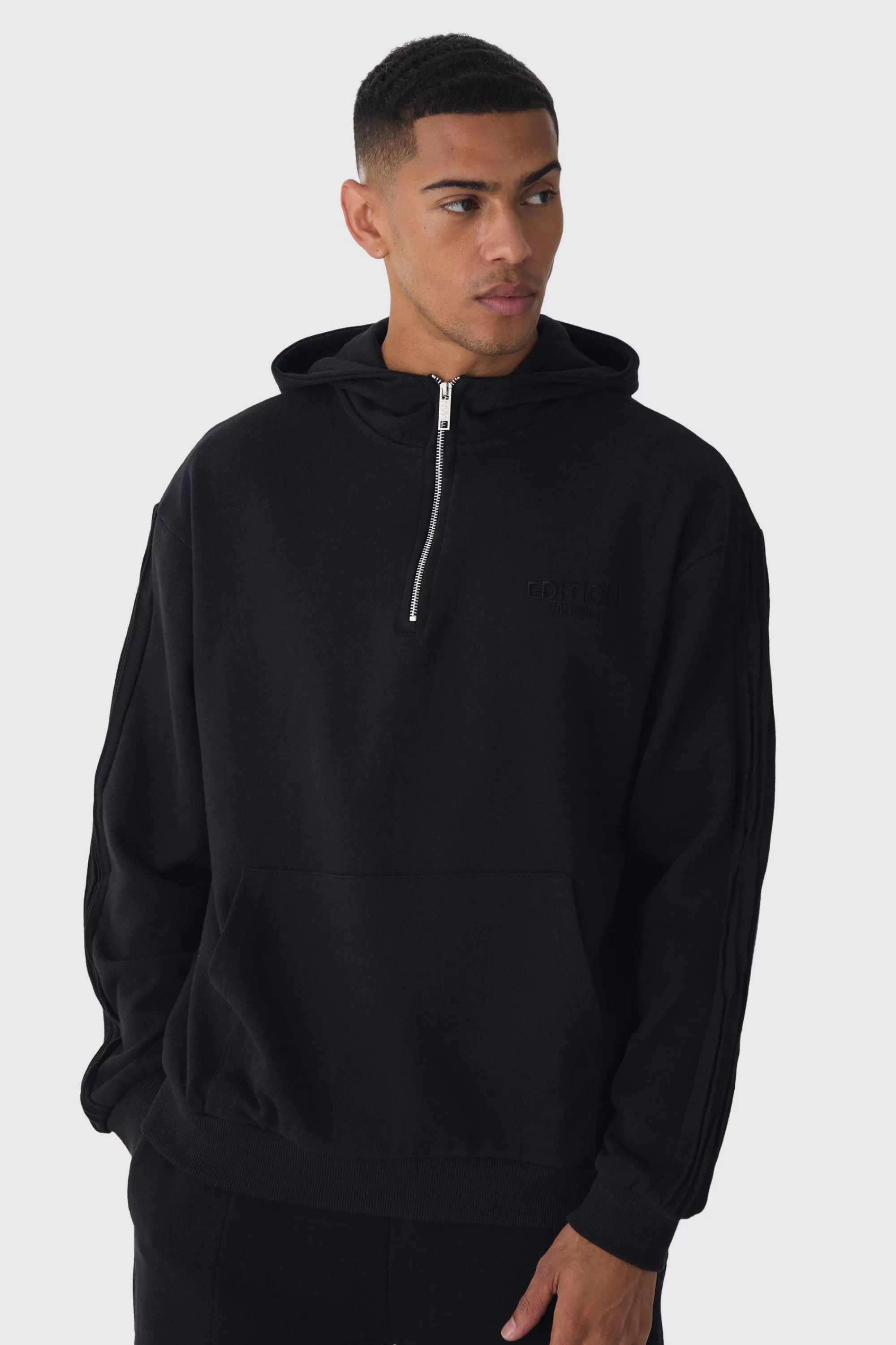 boohooMAN EDITION Oversized Heavyweight 1/4 Zip Pintuck Hoodie | UK