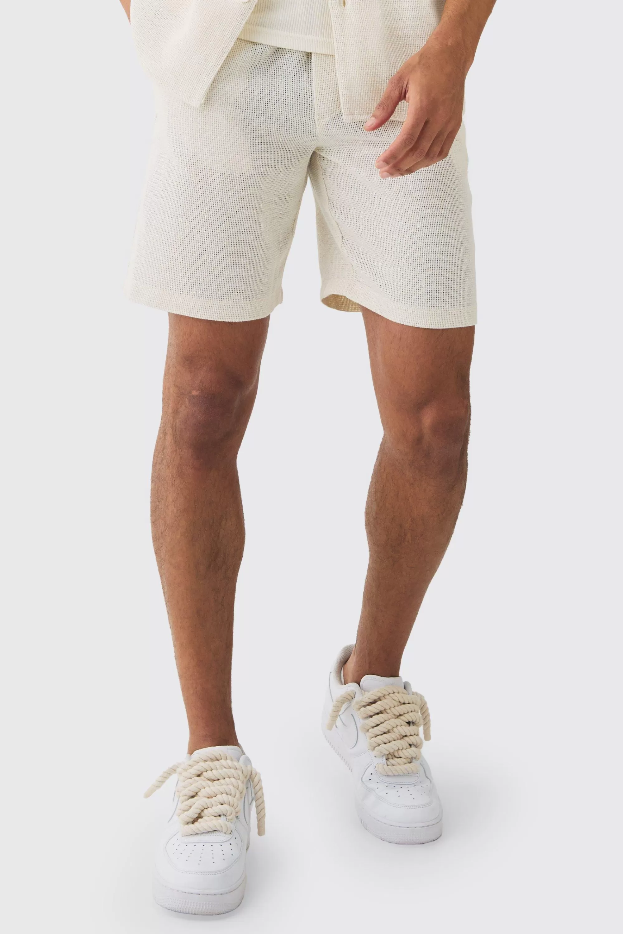 boohooMAN Elastic Waist Textured Check Comfort Short | UK