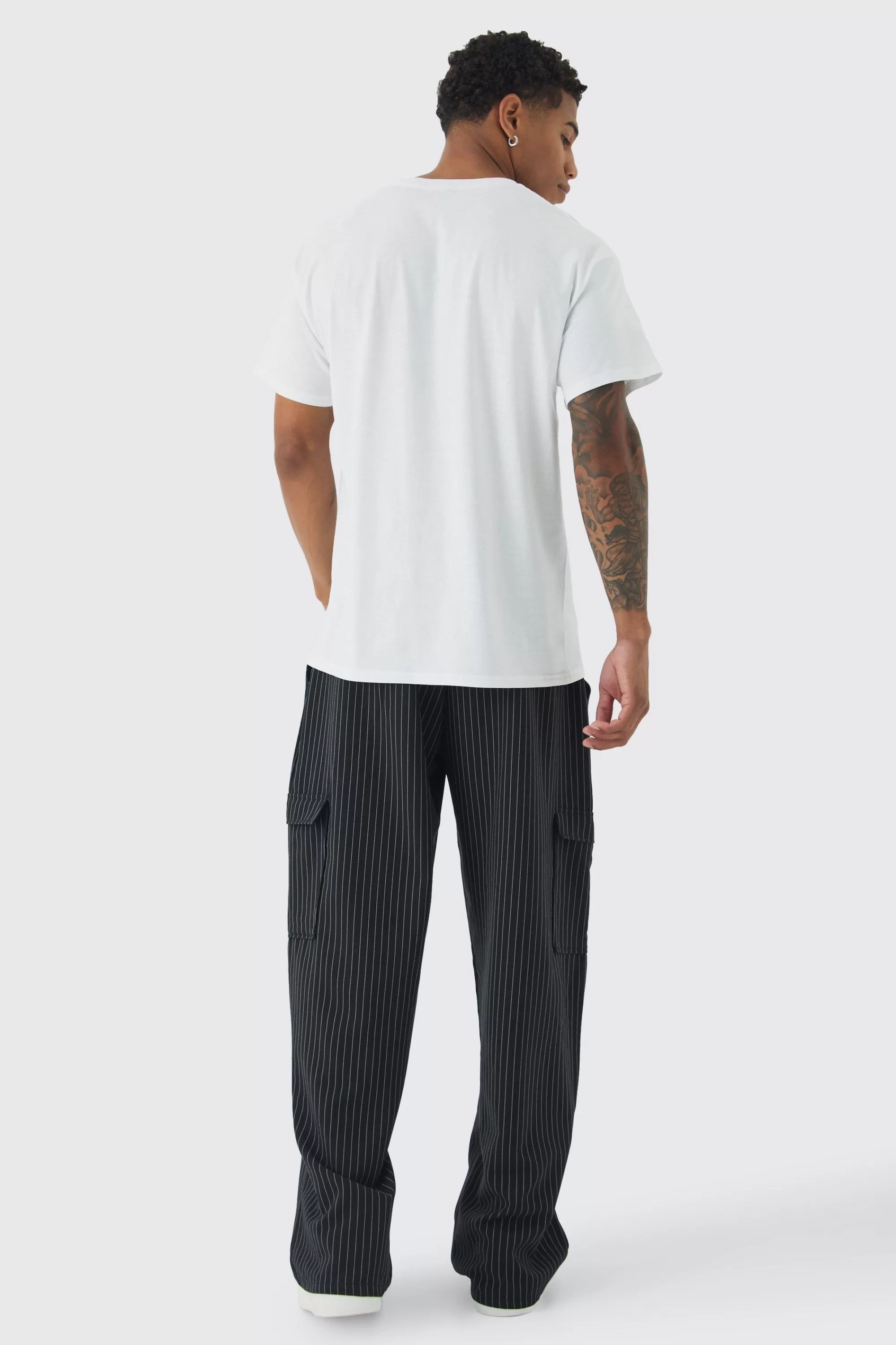 boohooMAN Elasticated Waist Baggy Pinstripe Cargo Trousers | UK