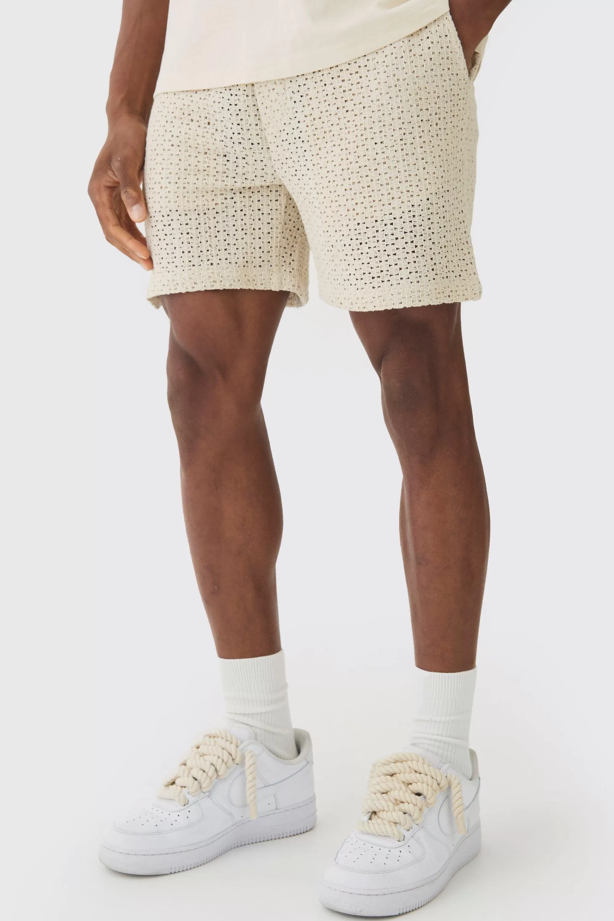 boohooMAN Elasticated Waist Crochet Bermuda Shorts | UK