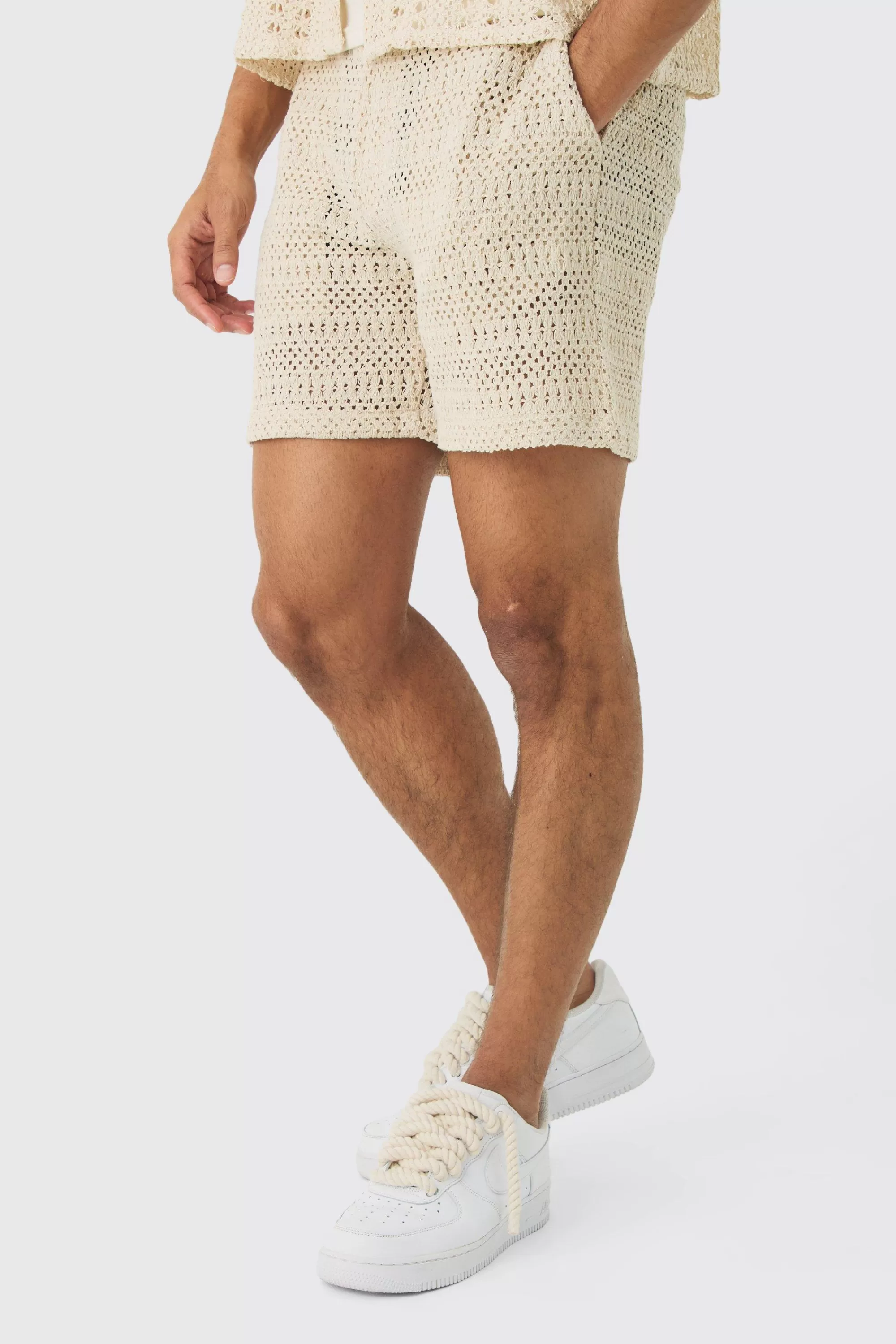 boohooMAN Elasticated Waist Crochet Bermuda Shorts | UK